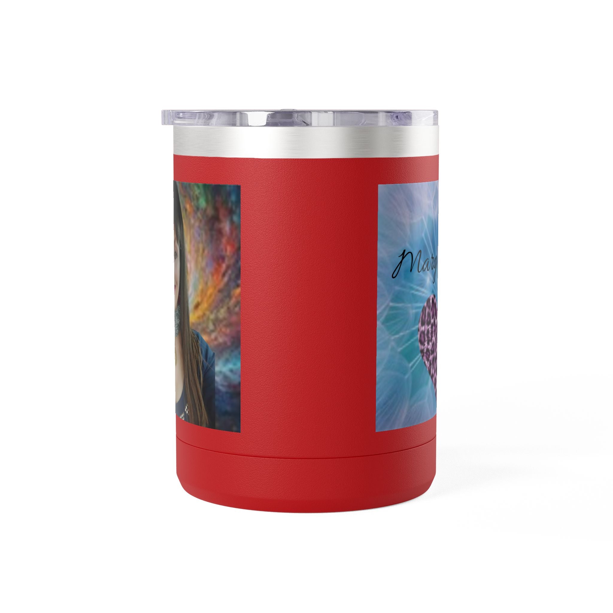 Mary Jordan Custom 15oz Travel Mug Tumbler — Personalized 'Enter text' Blue Floral Design & Heart