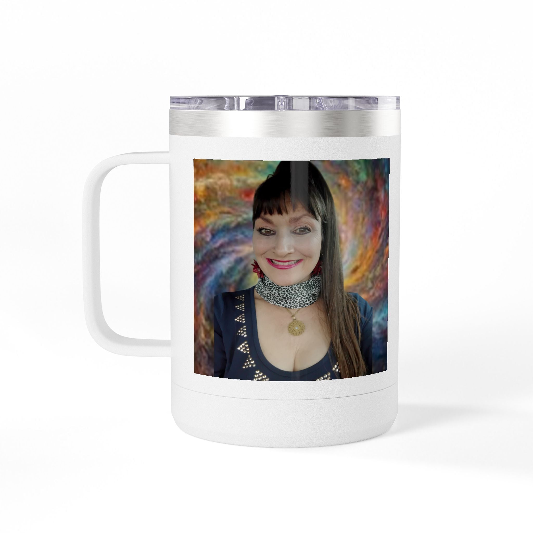 Mary Jordan Custom 15oz Travel Mug Tumbler — Personalized 'Enter text' Blue Floral Design & Heart