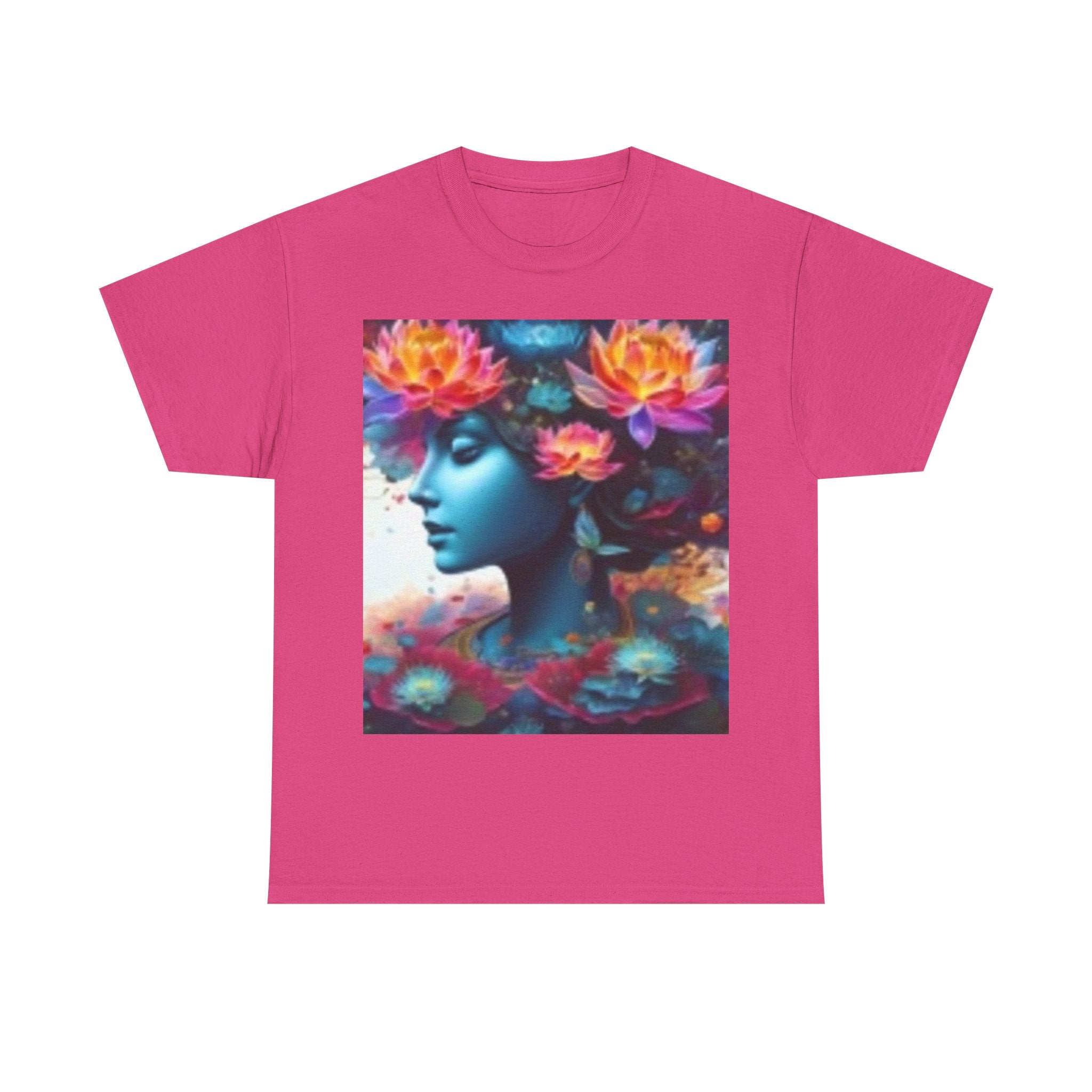 Floral Dreamscape Tee — Surreal Blue Portrait with Vibrant Flowers