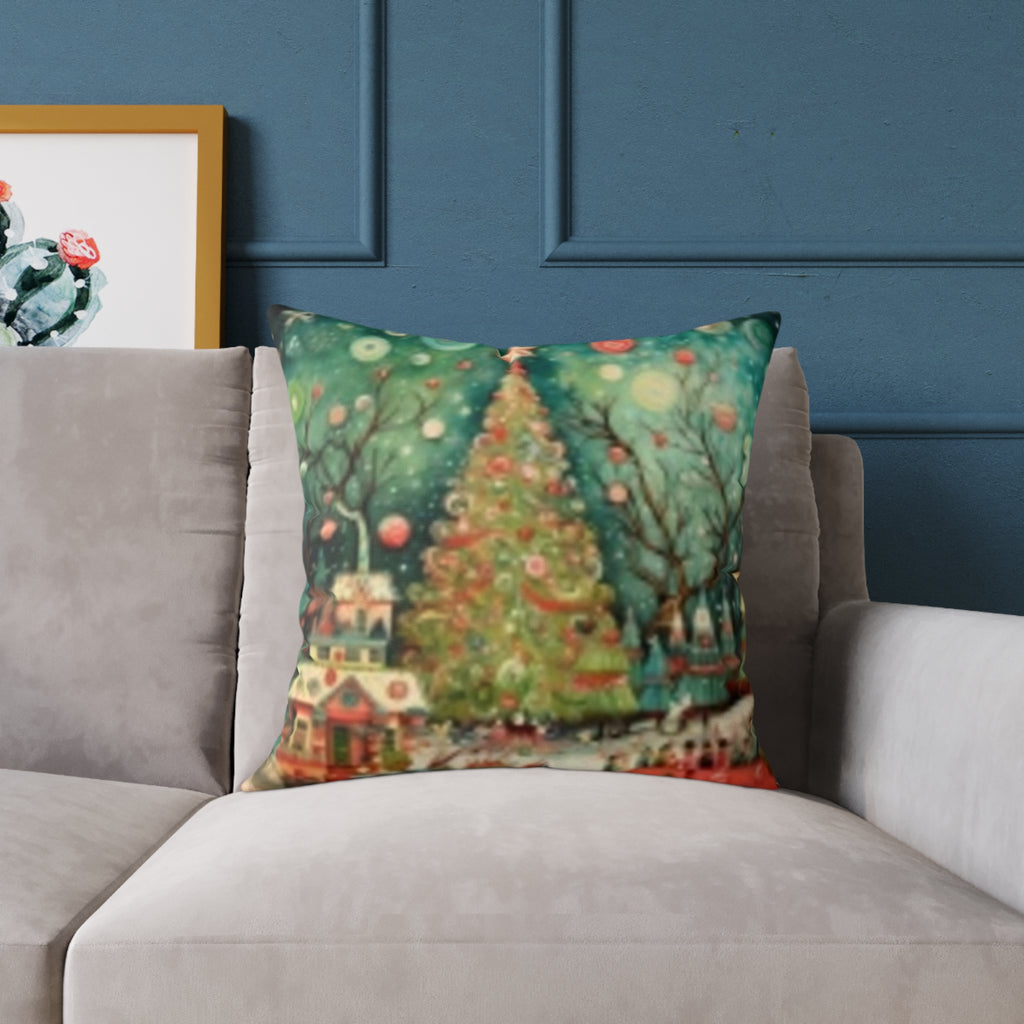 Christmas Tree Village Square Pillow — Festive Holiday Throw with Colorful Stars