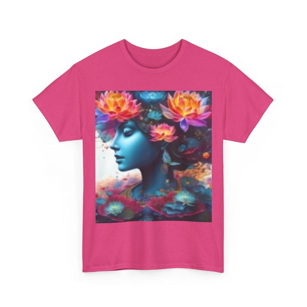 Floral Dreamscape Tee — Surreal Blue Portrait with Vibrant Flowers