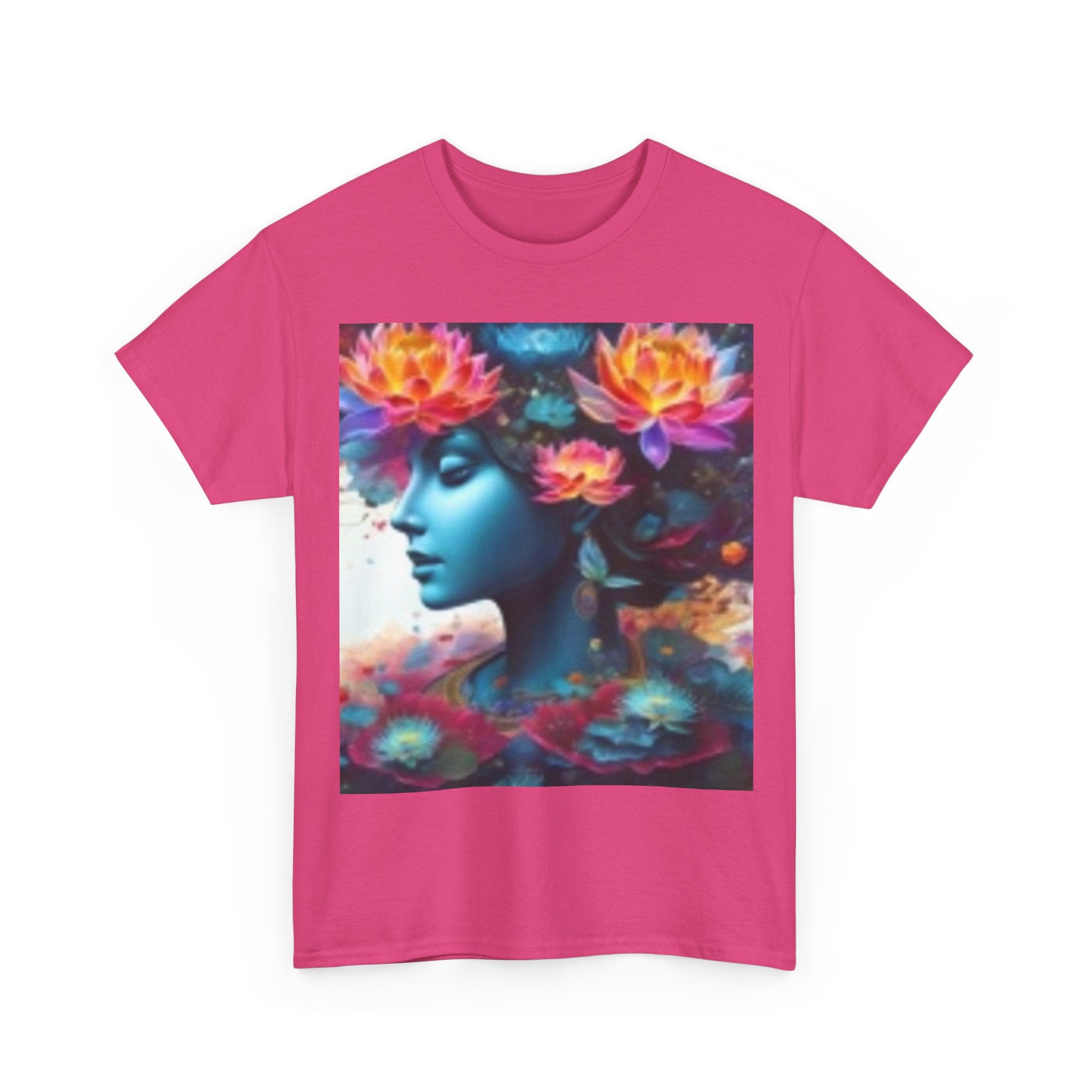 Floral Dreamscape Tee — Surreal Blue Portrait with Vibrant Flowers