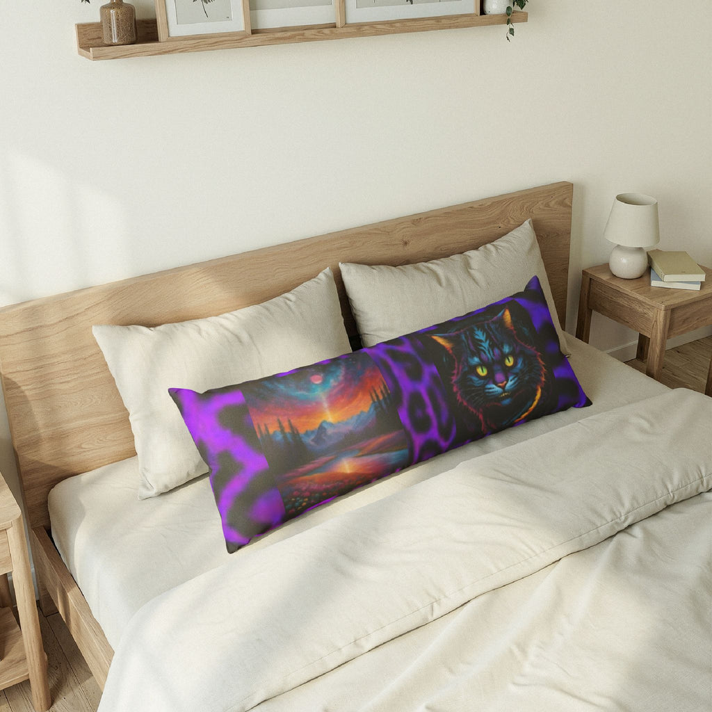 Purple Neon Cat & Landscape Body Pillow — Psychedelic Feline Bolster