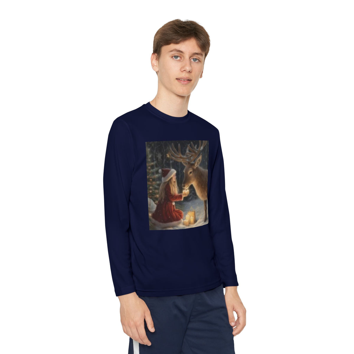 Youth Long Sleeve Tee — Girl Feeding Deer Christmas Night Scene