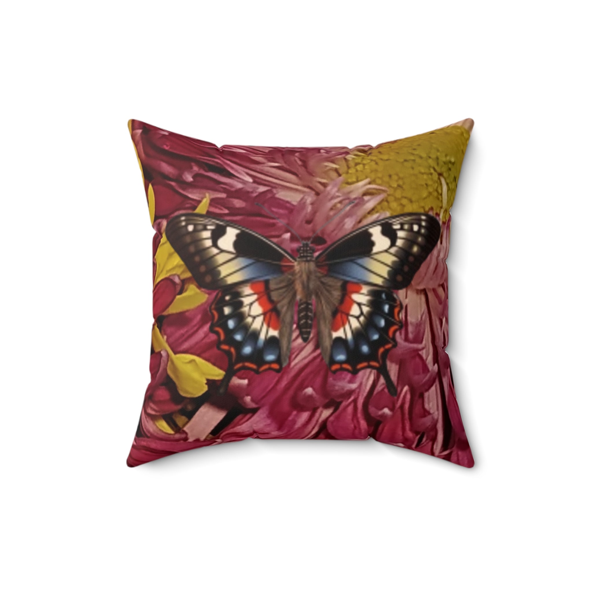 Mary Jordan & Butterfly Floral Throw Pillow — Custom Portrait on Burgundy Chrysanthemum
