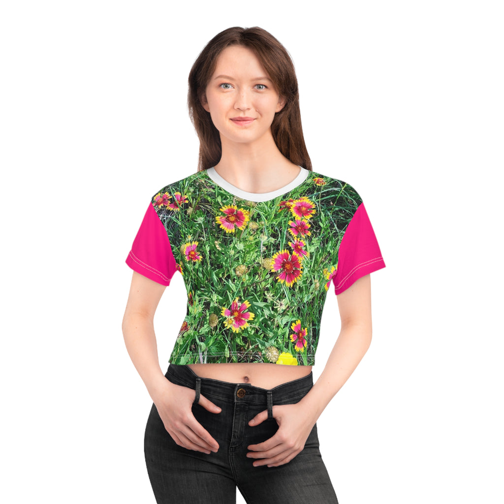 Women's Floral Field Crop T-shirt Pink Gaillardia Flower or Mexican Hat