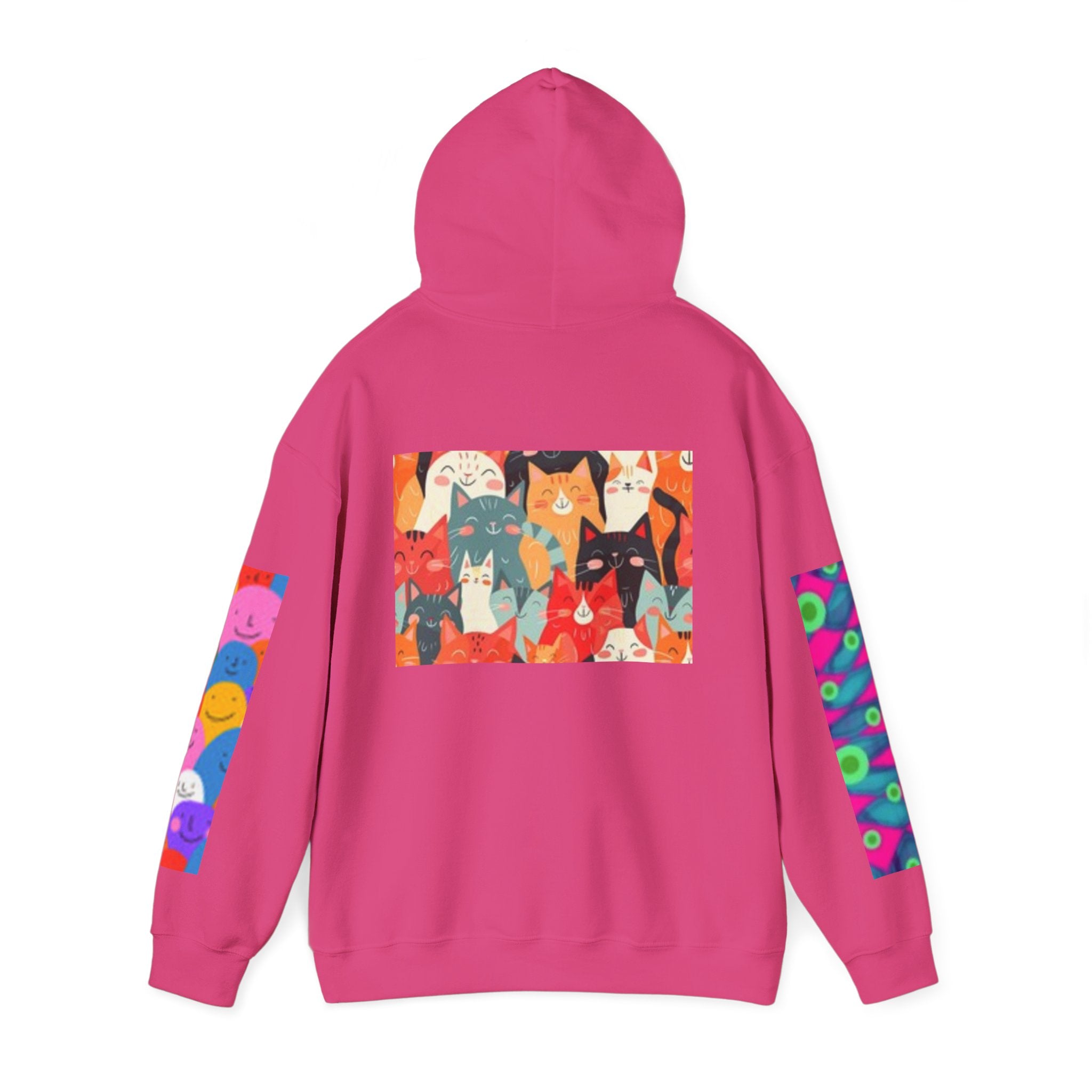 Cat Graphic Hoodie - Retro Sunglasses Cat Front & Colorful Cat Pattern Back Sweatshirt