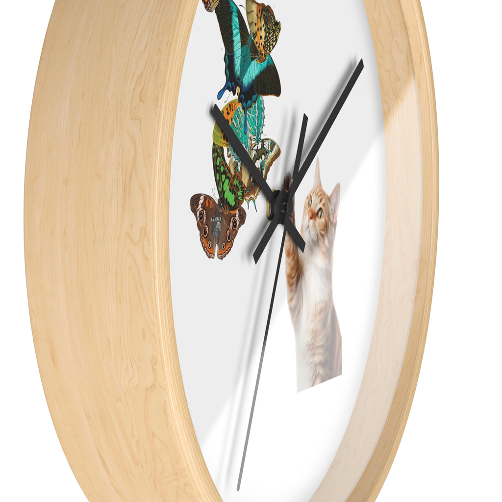 Cat & Butterflies Wall Clock — Cute Cat Reaching for Butterflies Decorative Wall Clock