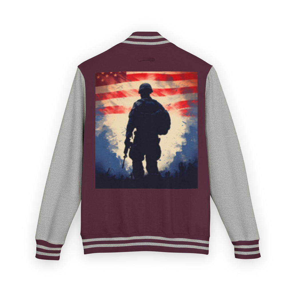 Veteran Tribute Letterman Jacket - American Flag Soldier Graphic