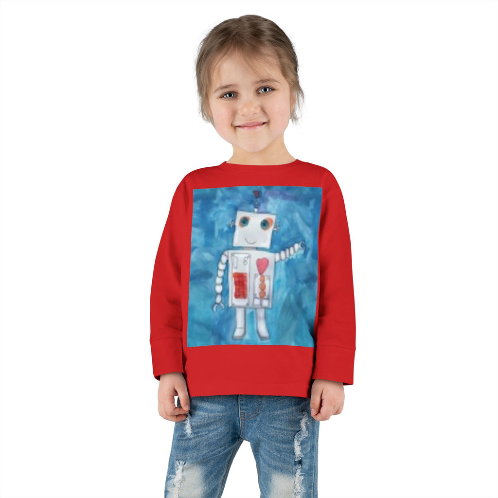 Toddler Long Sleeve Tee — Playful Robot & Colorful Sunrise Graphic Shirt