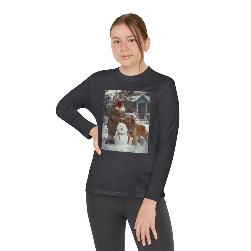 Youth Long Sleeve Tee — Christmas~Vintage Snow Day Kids Shirt with Snowman and Dog