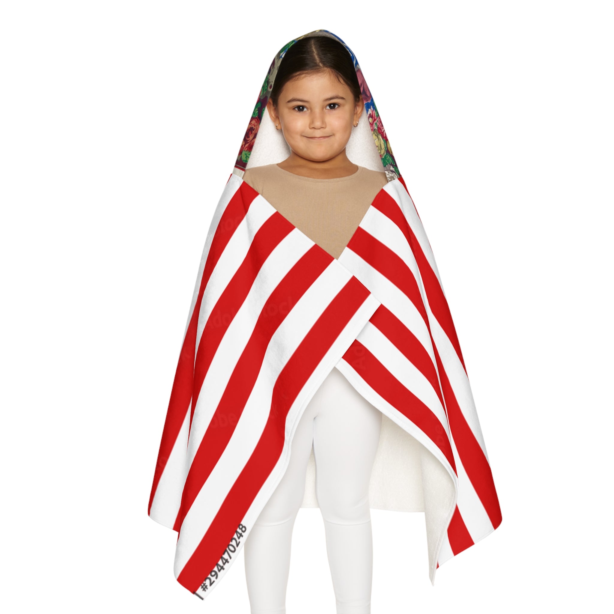 Kids Hooded Beach Towel — Red Candy Stripe with Floral Hood