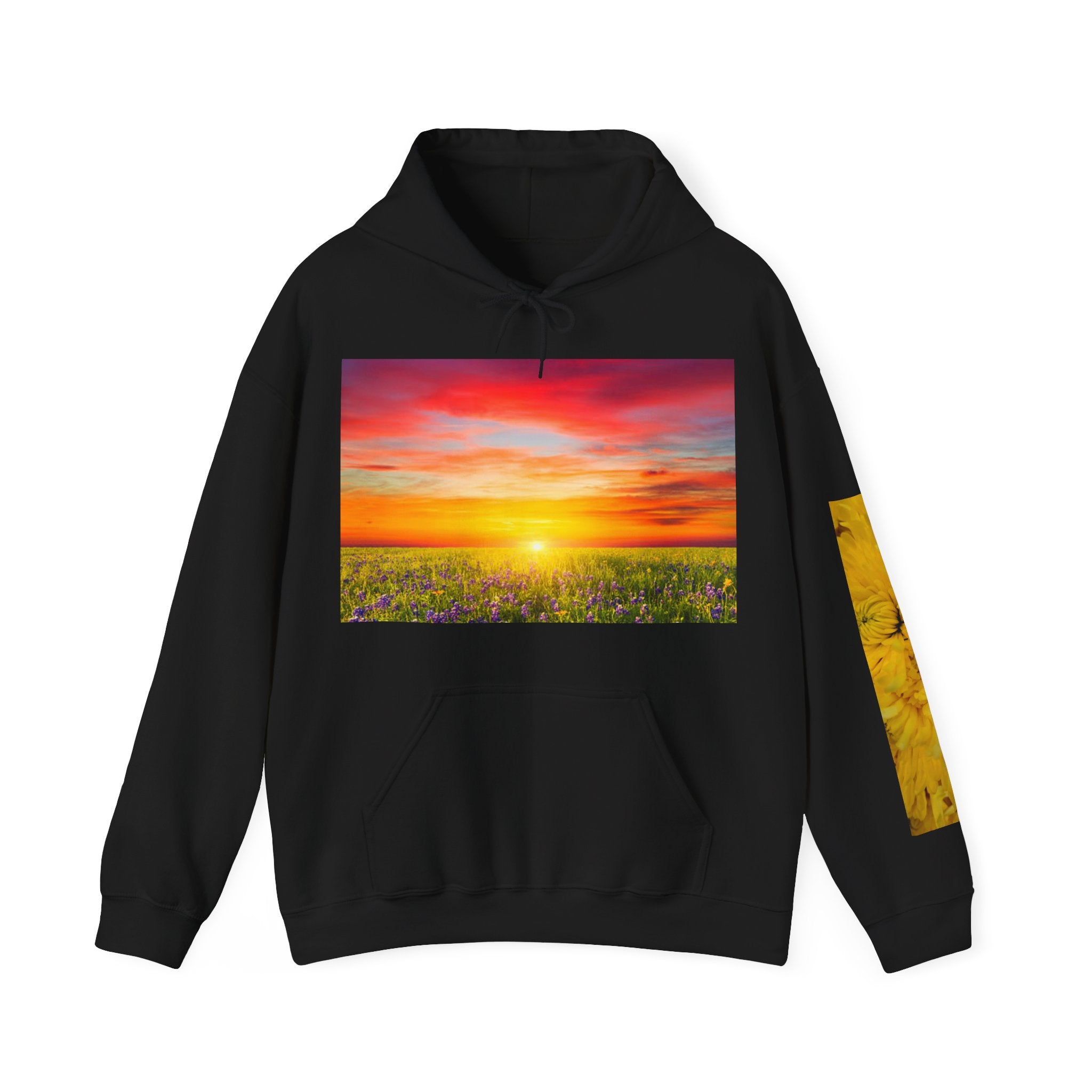Sunrise Meadow & Horse Graphic Hoodie — Scenic Sunset Landscape and Saddled Horse Print