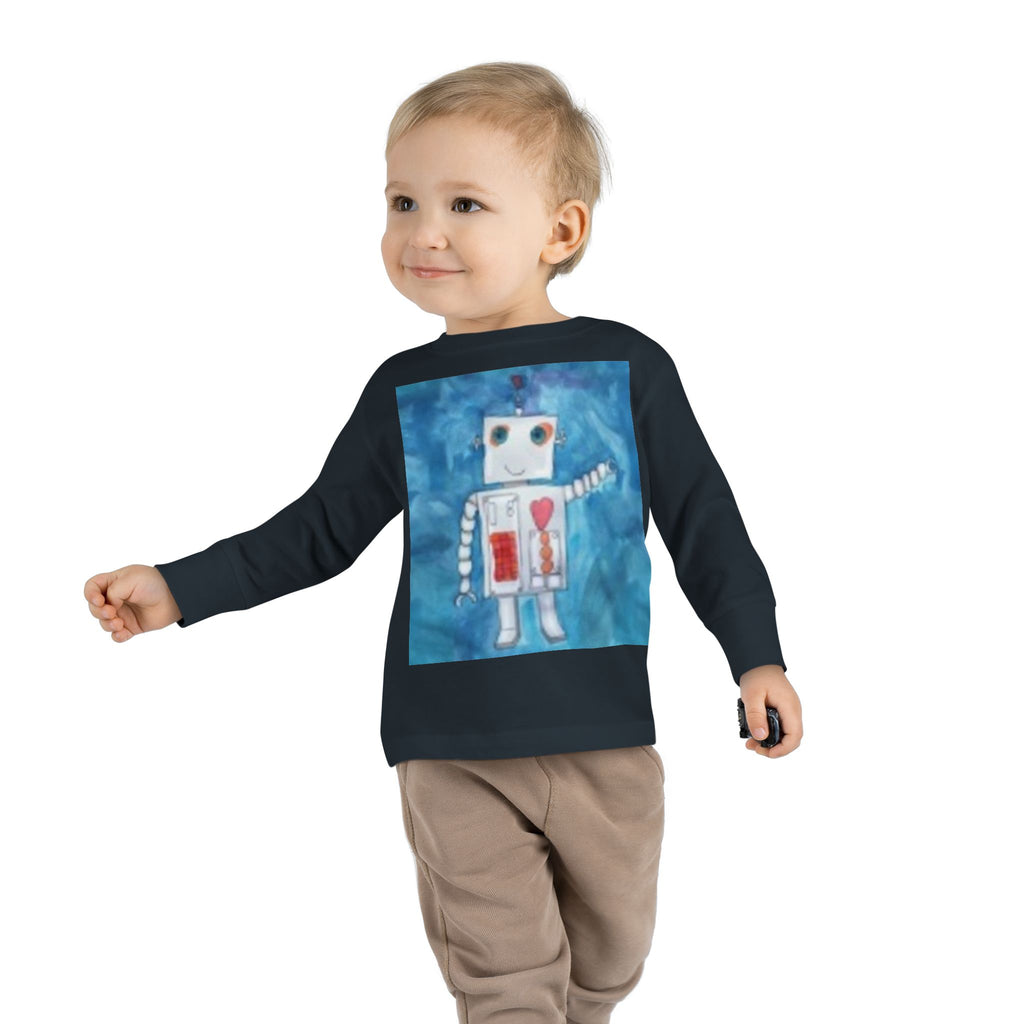 Toddler Long Sleeve Tee — Playful Robot & Colorful Sunrise Graphic Shirt