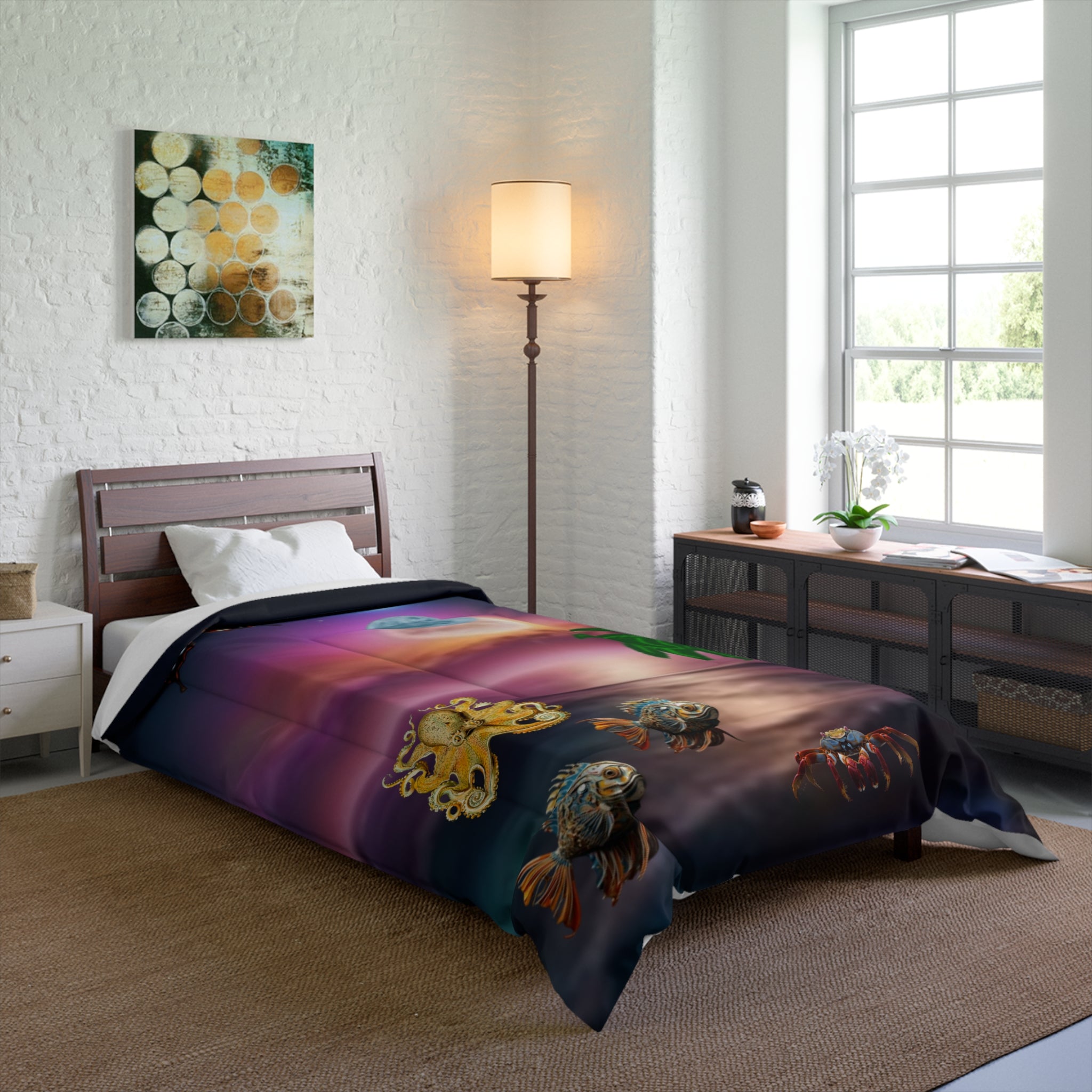 Tropical Moonlit Comforter - Surreal Beach Scene with Palm, Moon & Sea Creatures