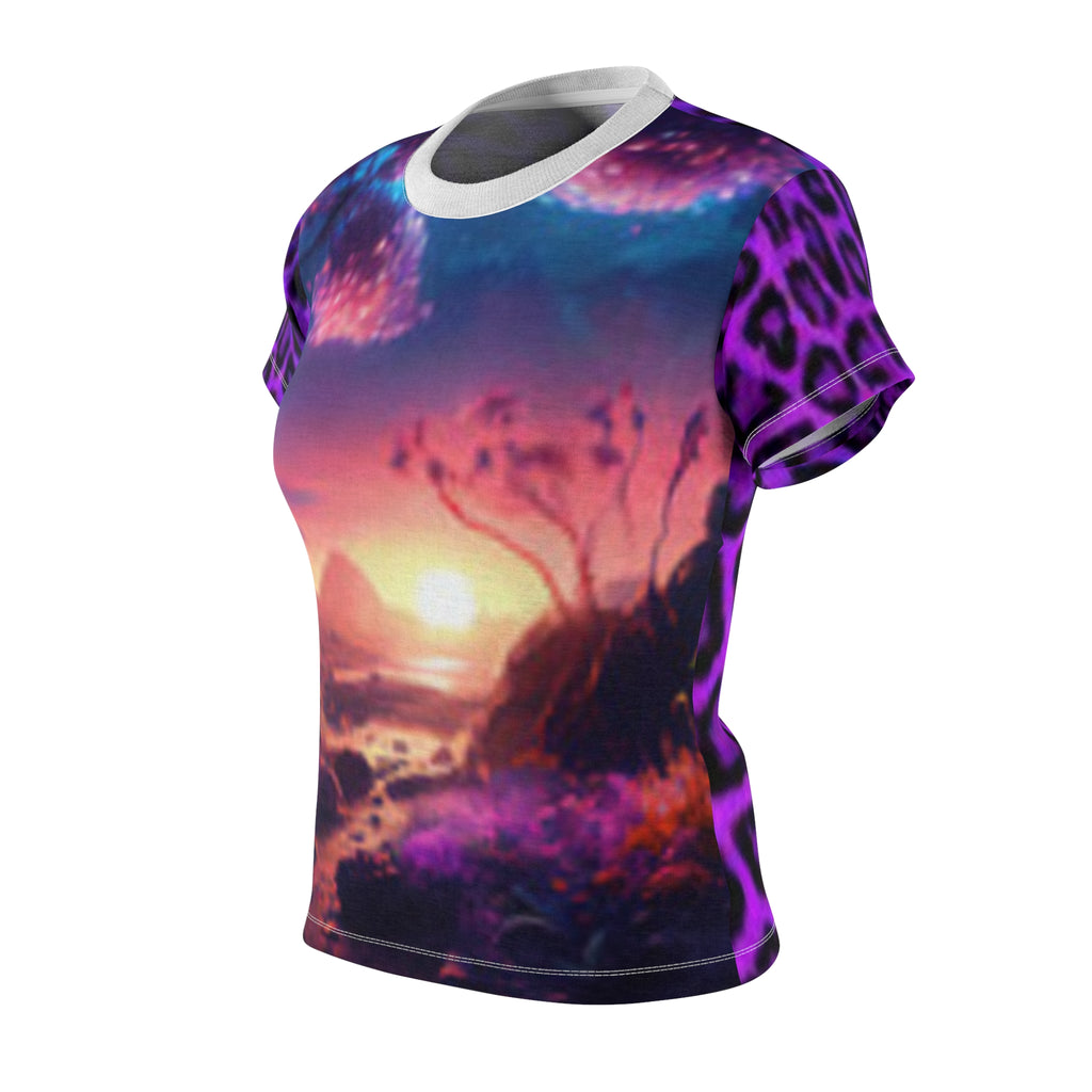 Sunset Fantasy Women's T-shirt — Dreamscape Landscape with Purple Leopard Accents