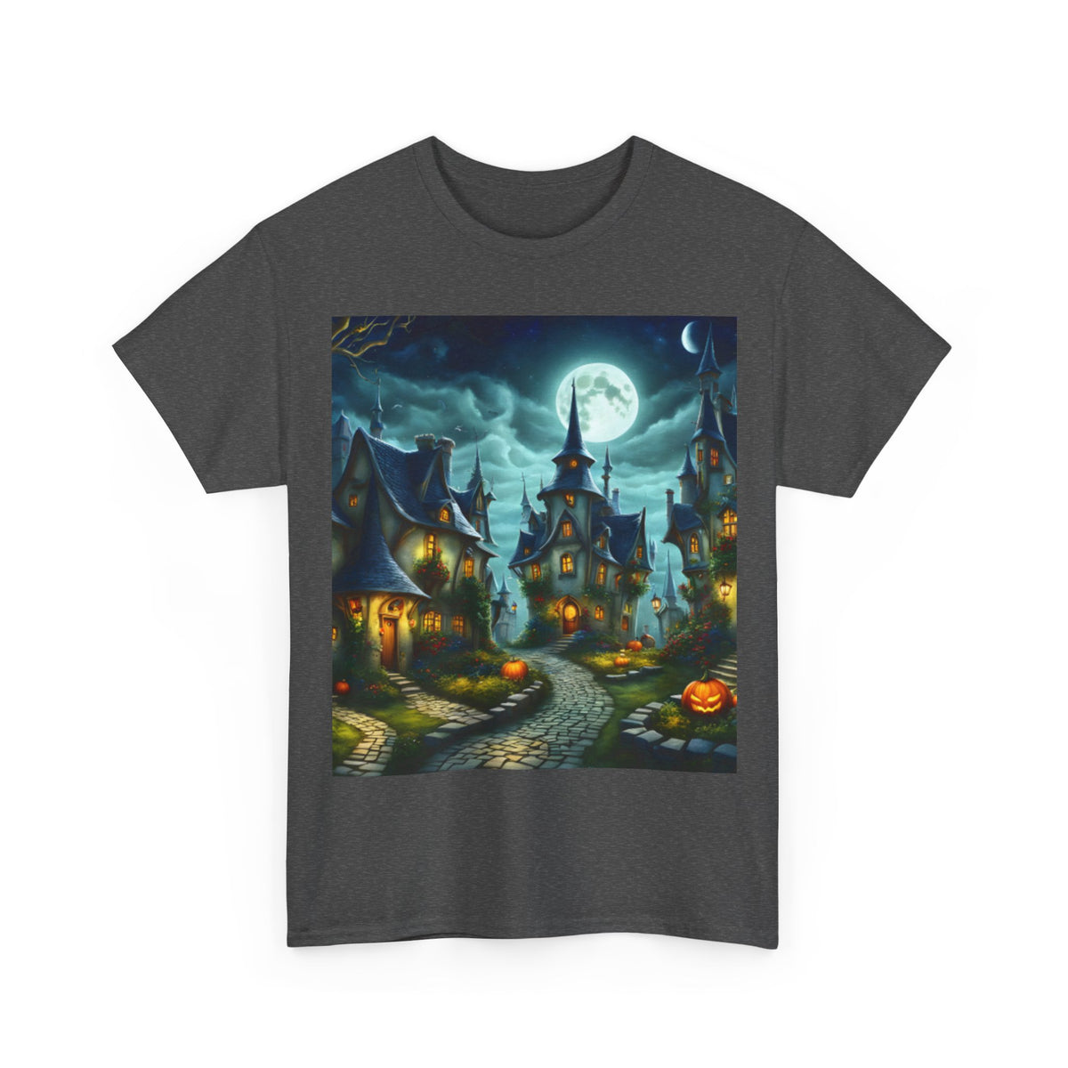 Halloween Village T-Shirt — Spooky Moonlit Haunted House Tee