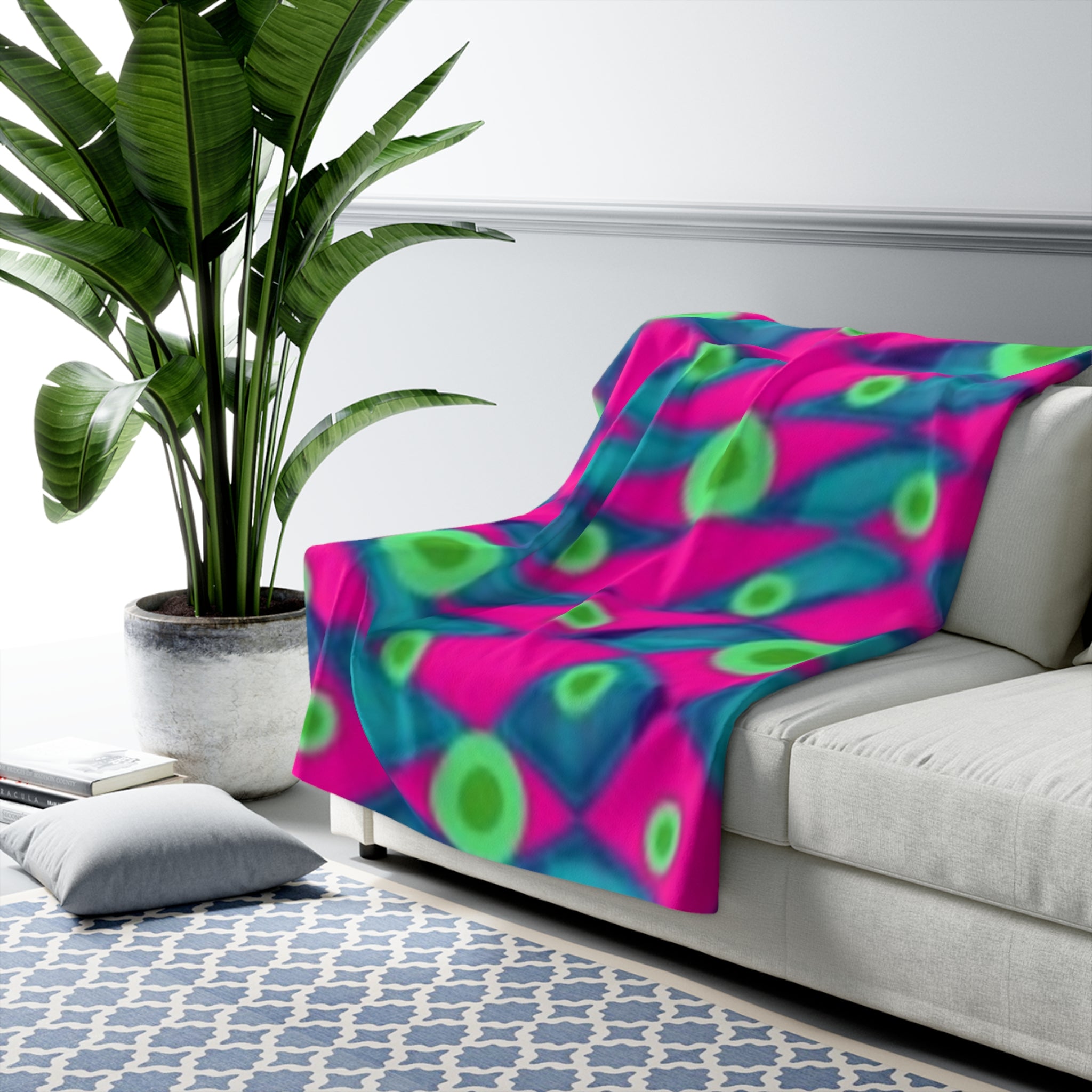 Vibrant Neon Abstract Sherpa Blanket — Plush Fleece Throw with Pink, Teal & Lime Pattern