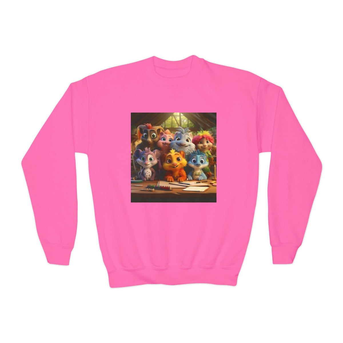 Youth Crewneck Sweatshirt — Colorful Cartoon Kittens Group Graphic