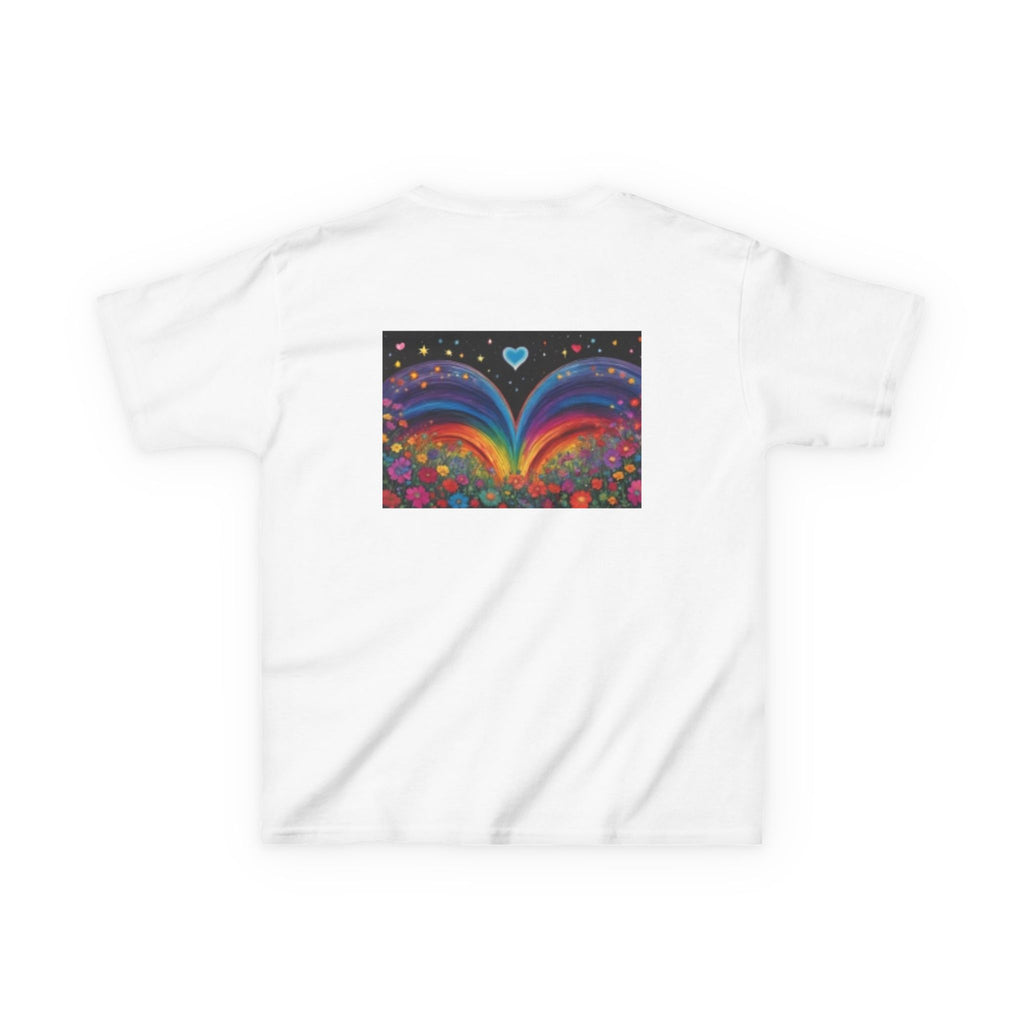 Kids T-shirt— Cute Tiger Cub Photo Front & Rainbow Heart Back Graphic