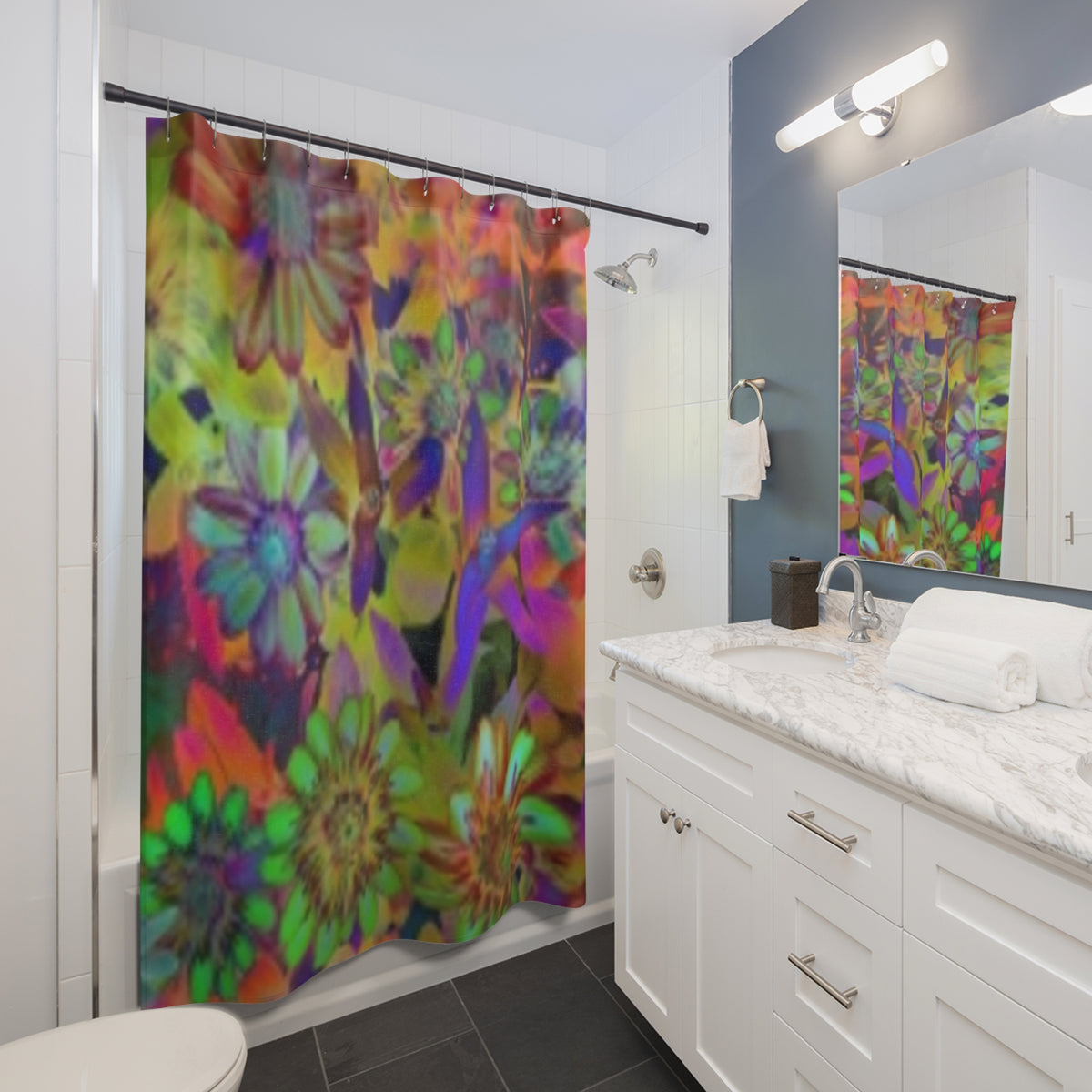 Floral Psychedelic Shower Curtain — Vibrant Boho Flower Bathroom Decor