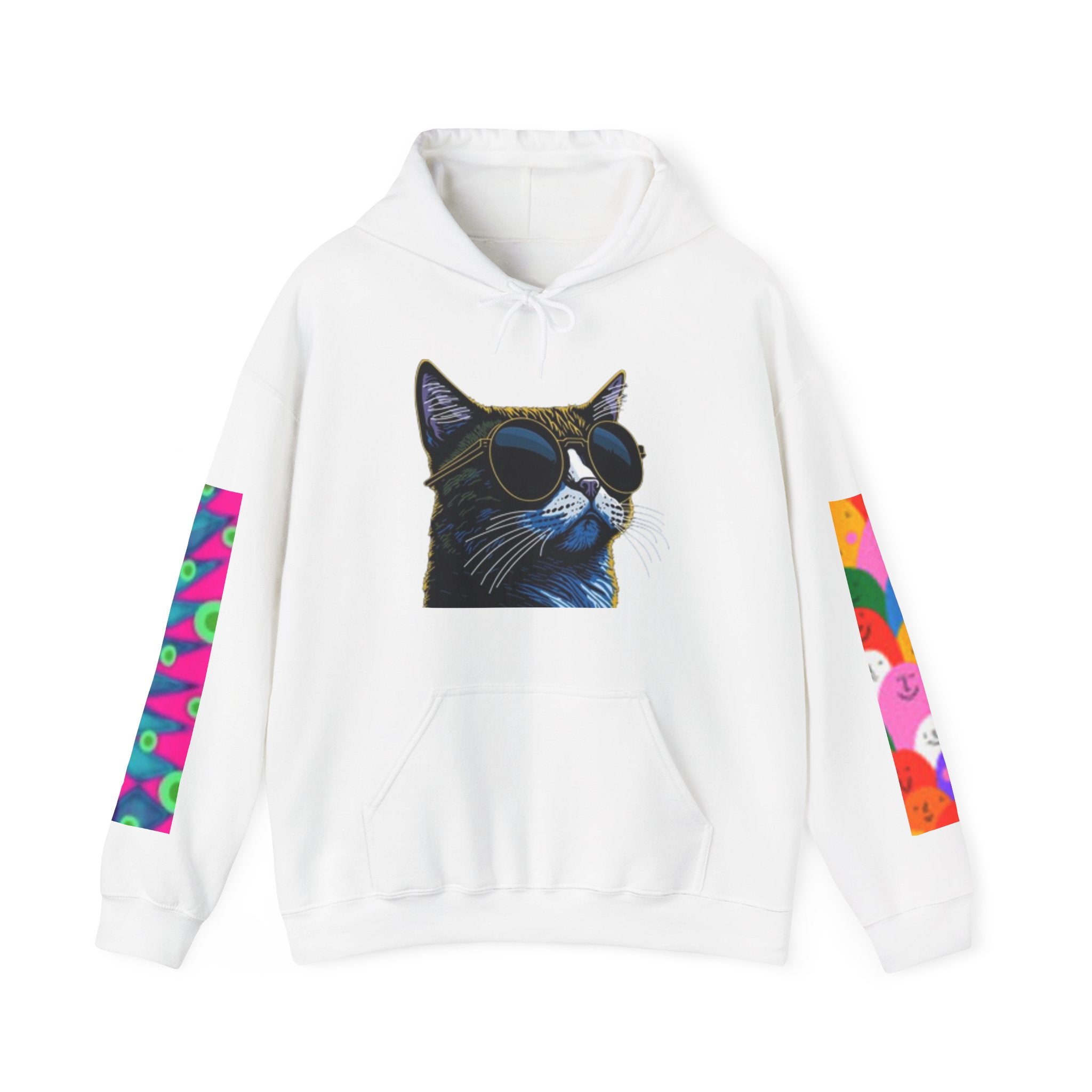 Cat Graphic Hoodie - Retro Sunglasses Cat Front & Colorful Cat Pattern Back Sweatshirt