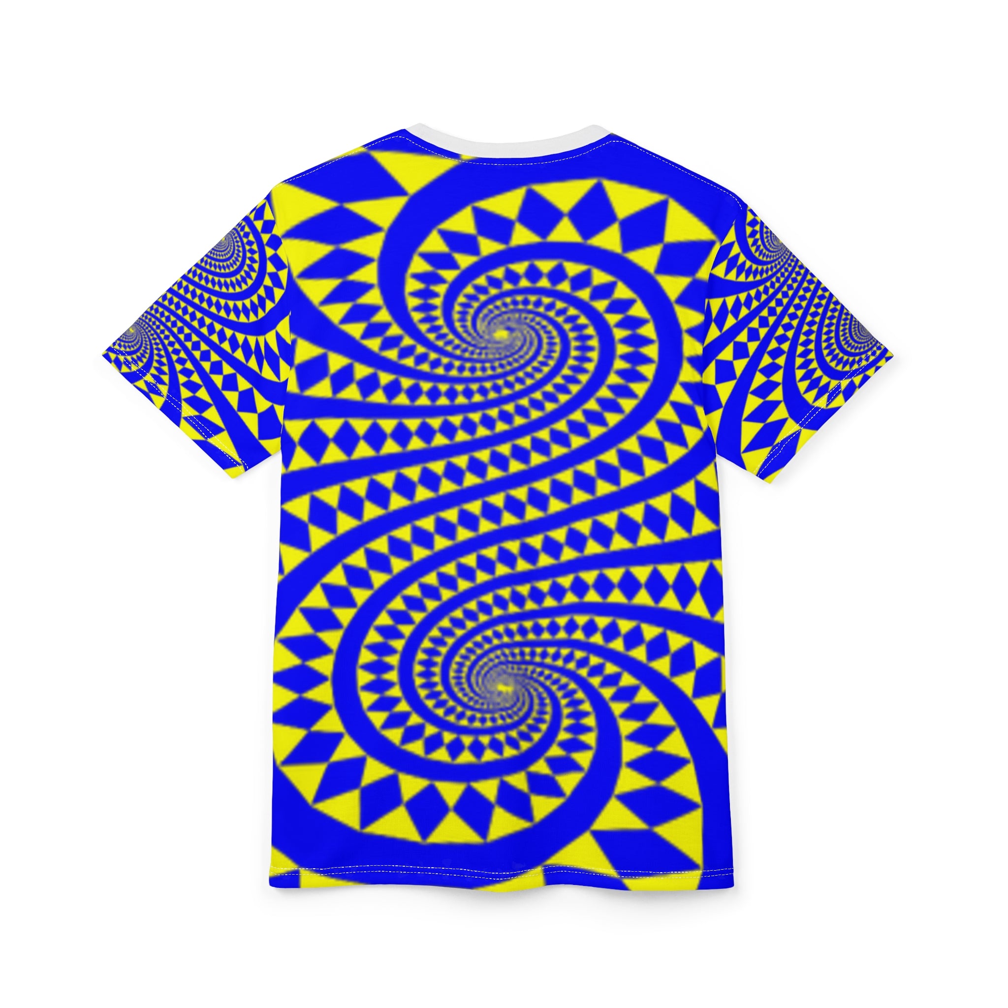 Psychedelic Spiral All-Over Print T-shirt— Blue & Yellow Optical Illusion Shirt