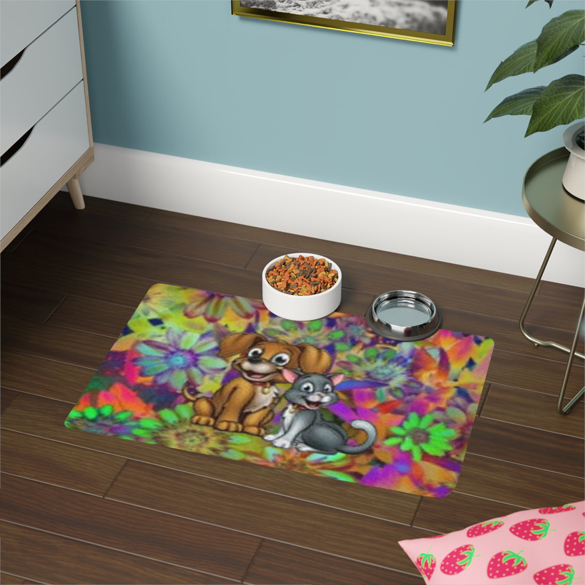 Colorful Floral Puppy & Kitten Pet Food Mat — Non-Slip 12x18 Mat for Dogs & Cats