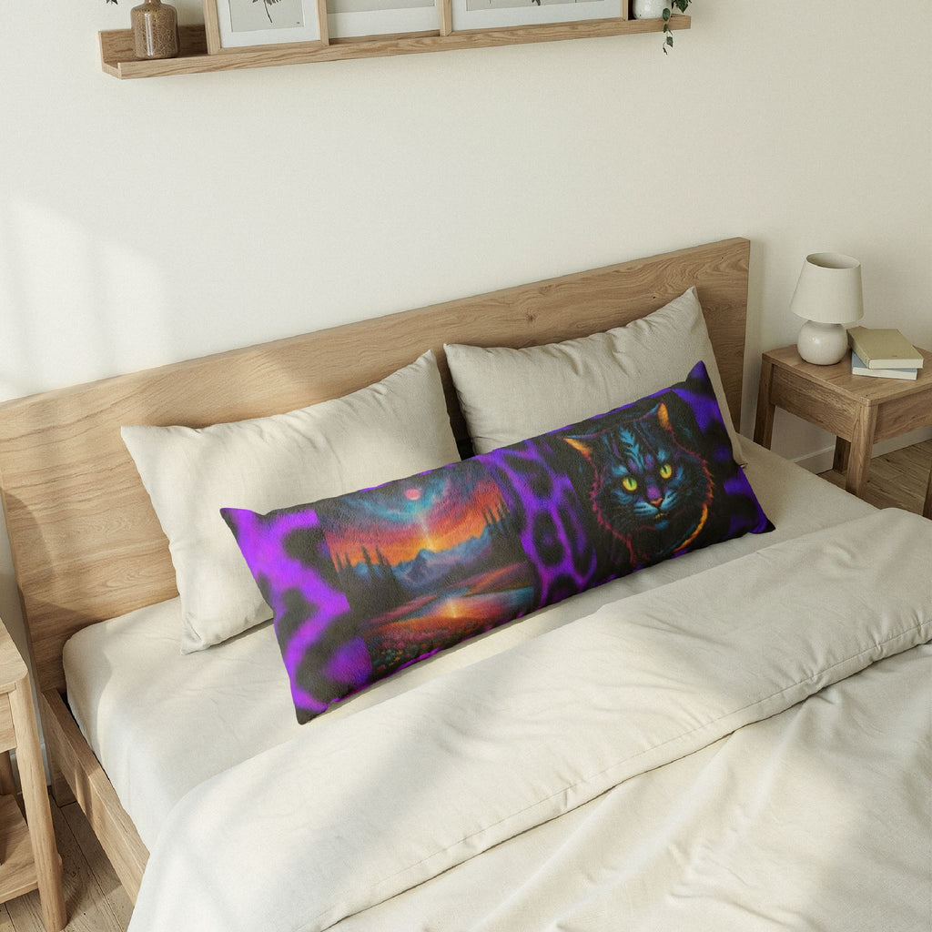 Purple Neon Cat & Landscape Body Pillow — Psychedelic Feline Bolster