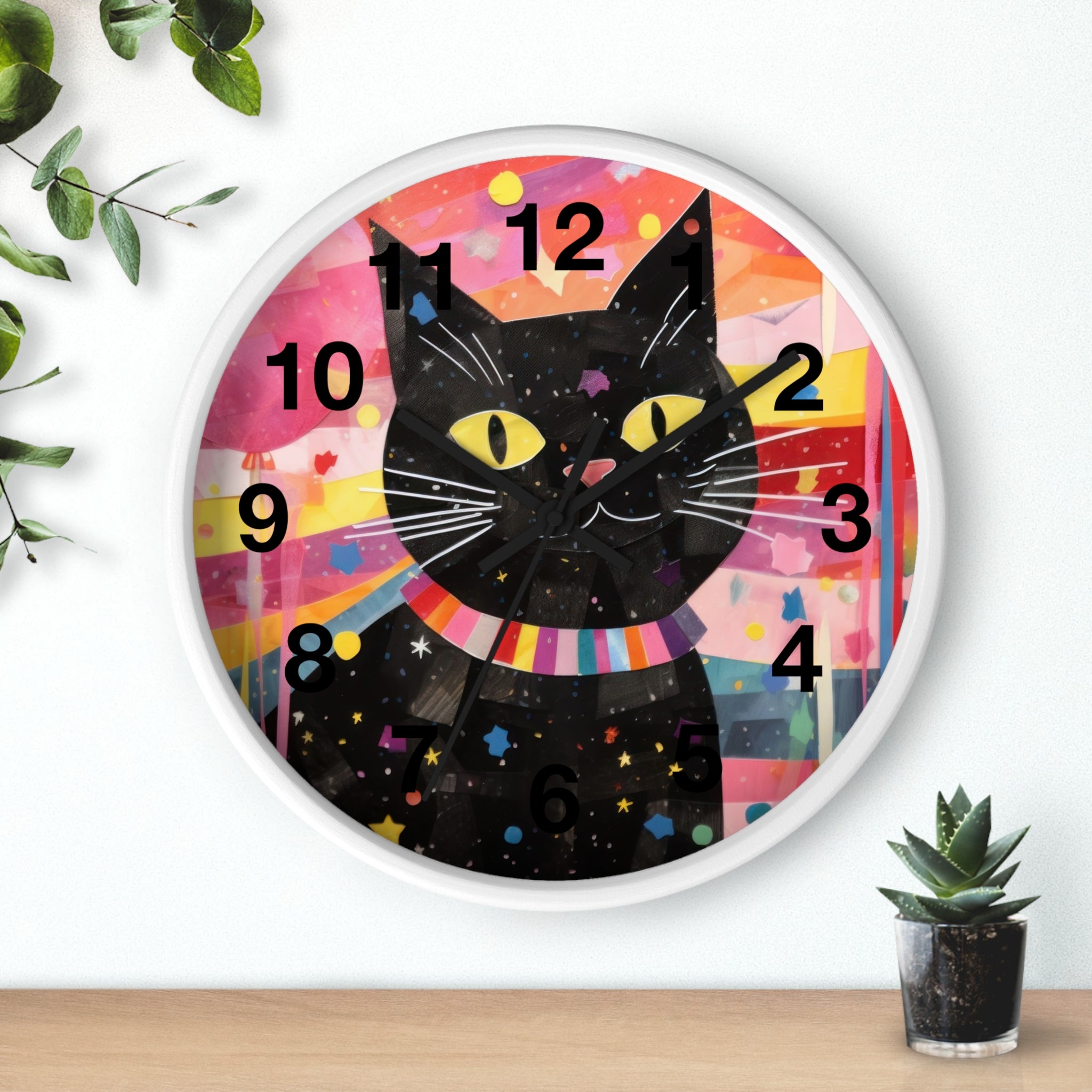 Black Cat Wall Clock — Colorful Retro Cat Clock with Yellow Eyes