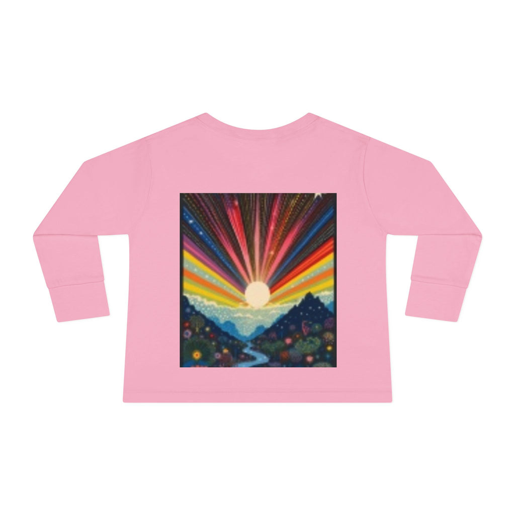 Toddler Long Sleeve Tee — Playful Robot & Colorful Sunrise Graphic Shirt