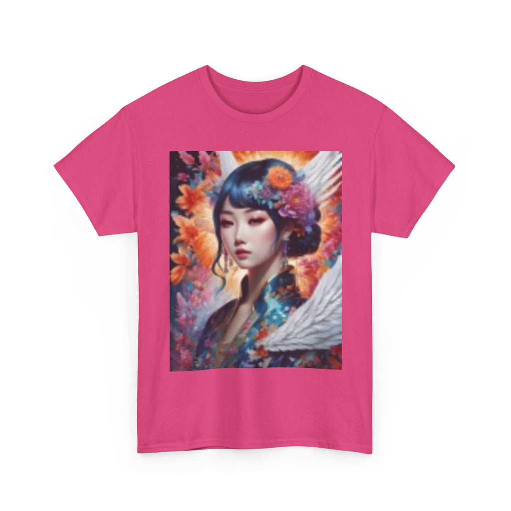 Artistic Geisha Portrait T-Shirt — Floral Angel Wing Graphic Tee