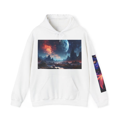 Alien Landscape Hoodie — Cosmic Moonscape & Green Alien Graphic Sweatshirt