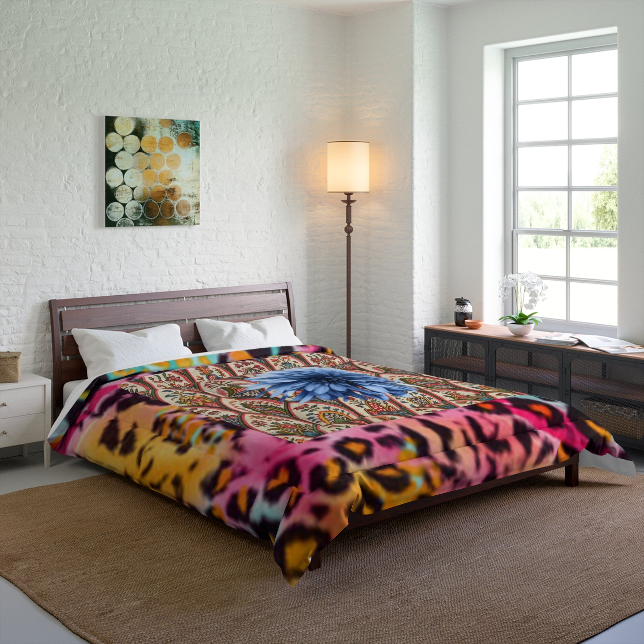 Boho Leopard Floral Comforter — Vibrant Blue Bloom Patterned Bedding