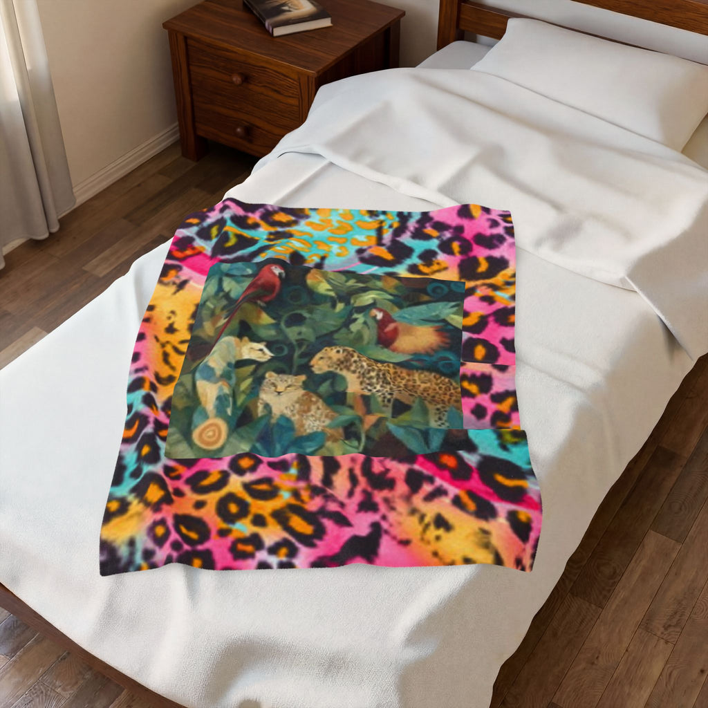 Safari Jungle Velveteen Plush Blanket — Colorful Leopard & Tropical Bird Print