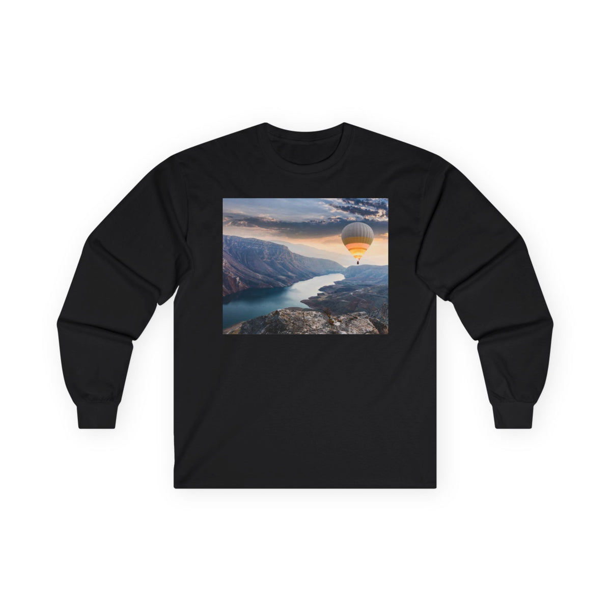 Hot Air Balloon Over Fjord Long Sleeve Tee — Scenic Travel Photography Shirt