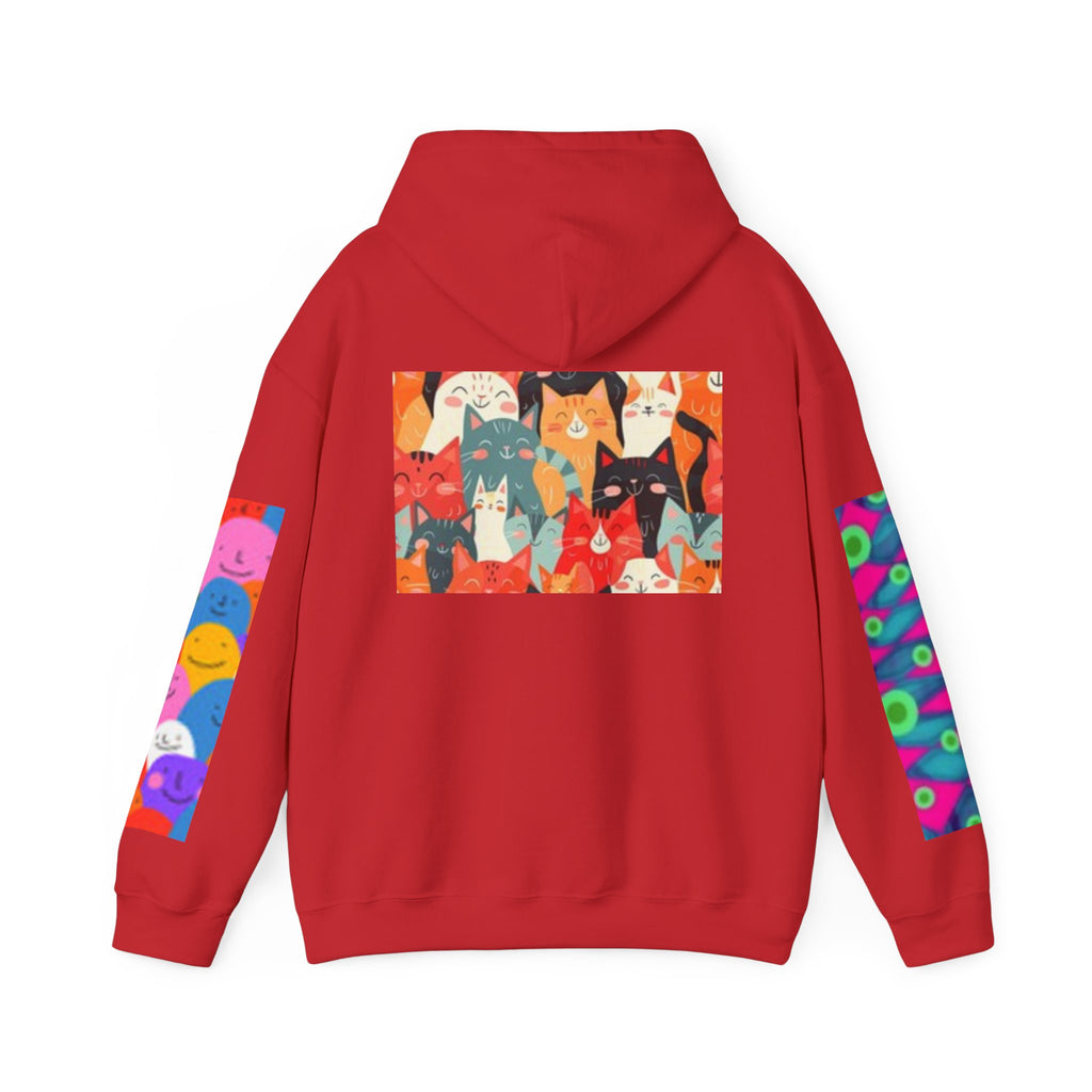 Cat Graphic Hoodie - Retro Sunglasses Cat Front & Colorful Cat Pattern Back Sweatshirt