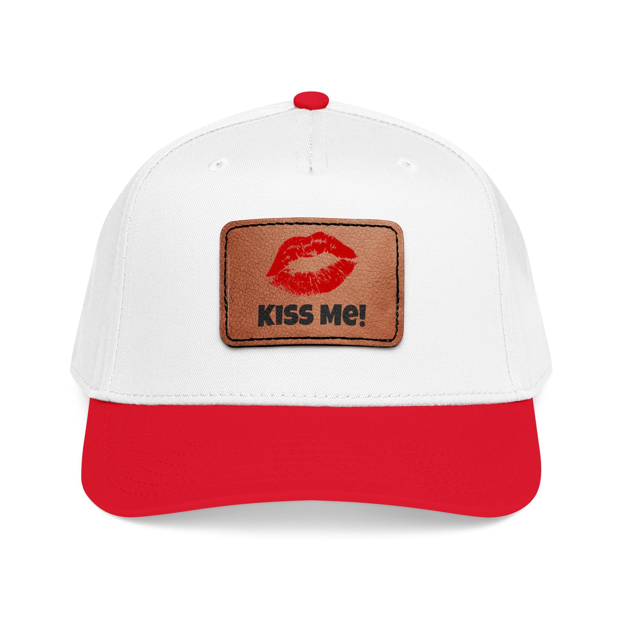 Kiss Me Red Lips Leather Patch Baseball Cap — Mid Profile Hat with Lip Print