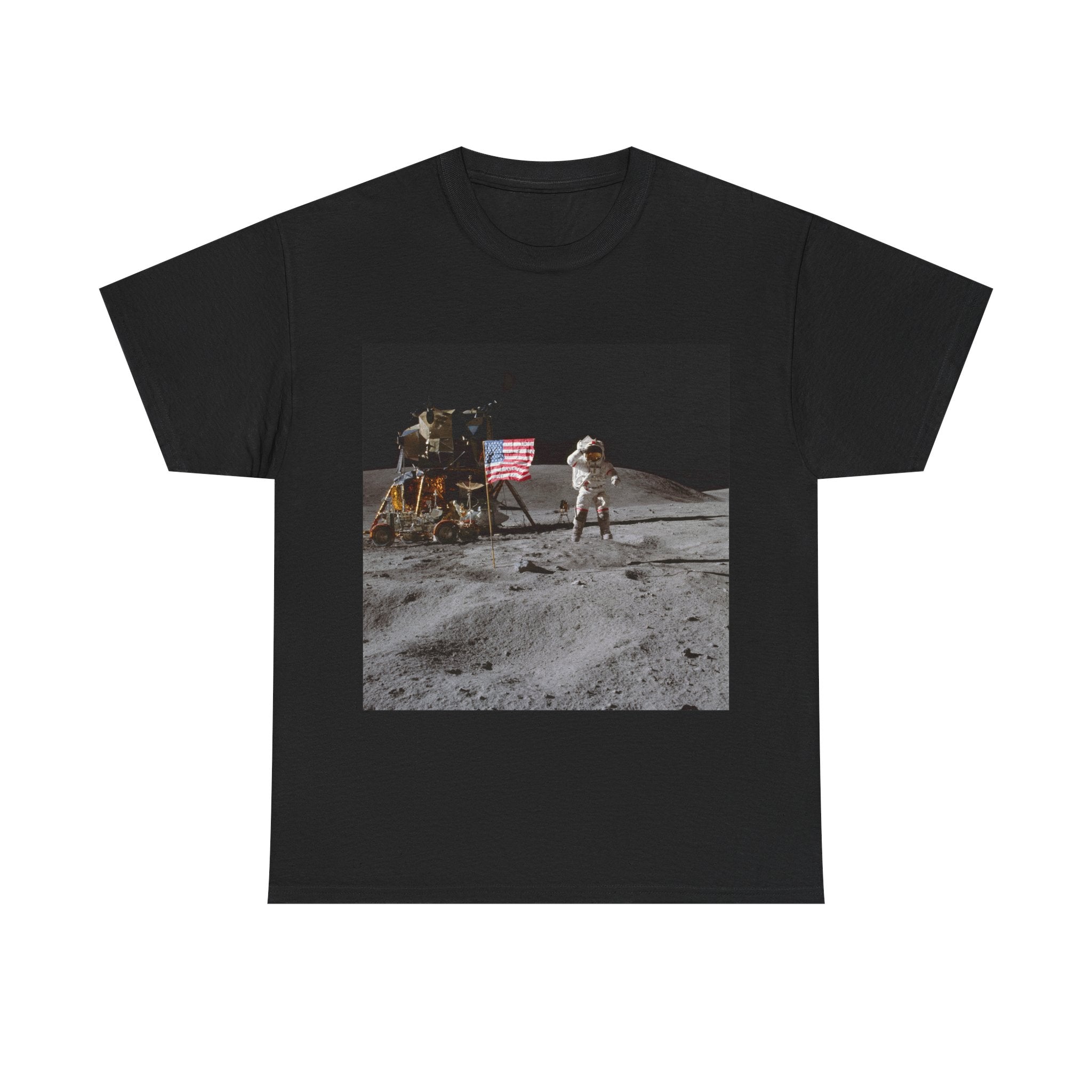 Moon Landing Graphic Tee — Astronaut Flag Photo T-Shirt