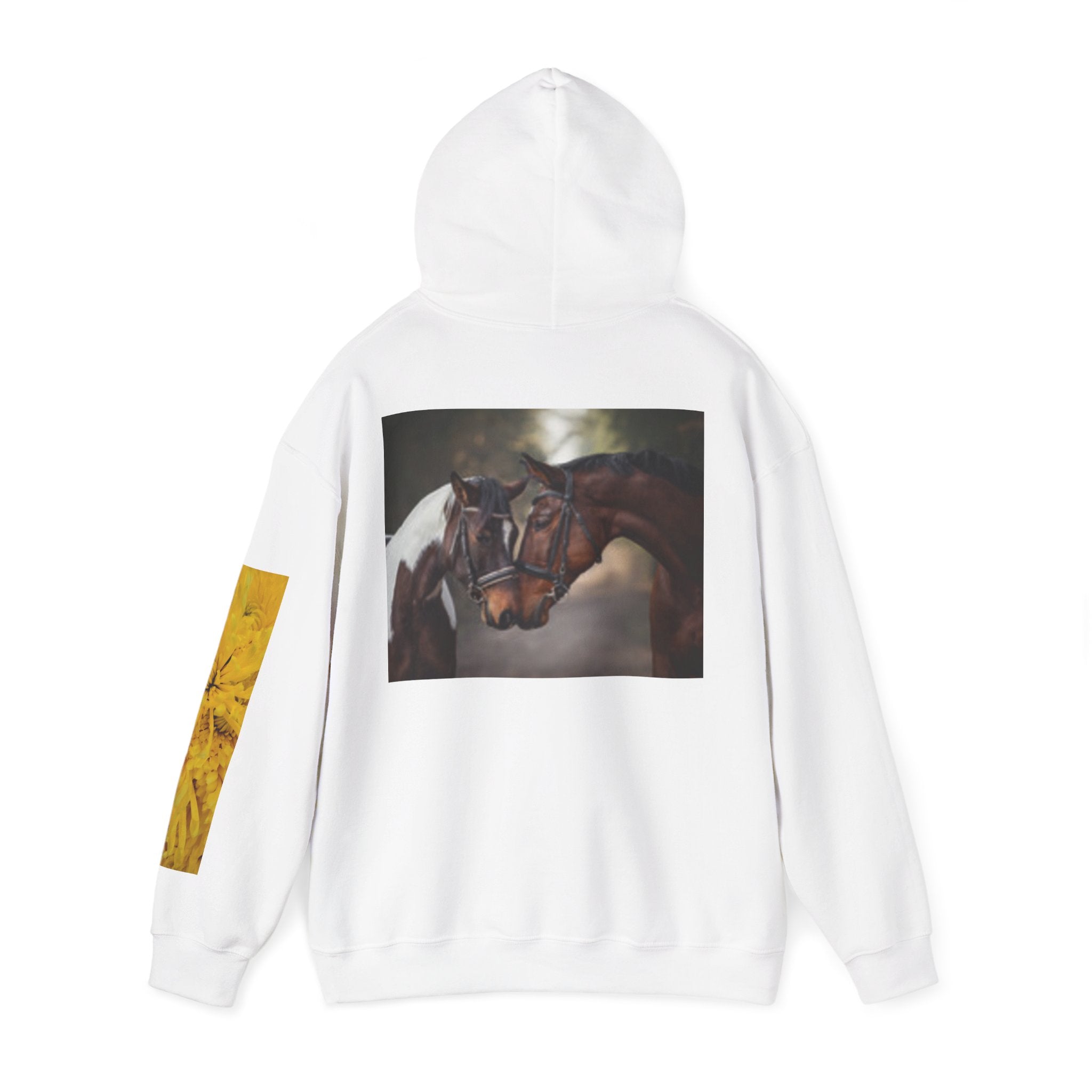 Sunrise Meadow & Horse Graphic Hoodie — Scenic Sunset Landscape and Saddled Horse Print