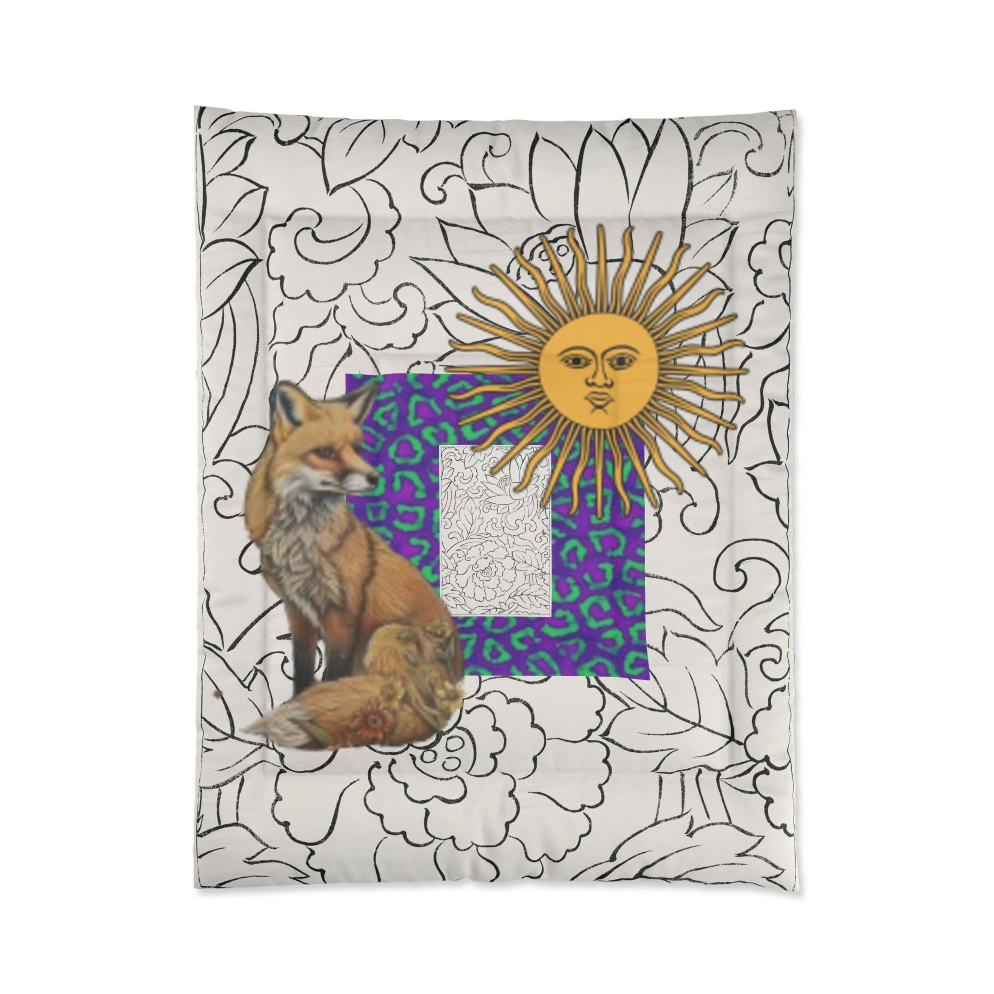 Red Fox Sun with Face Vibrant Purple & Teal Leopard Comforter -  Bedding
