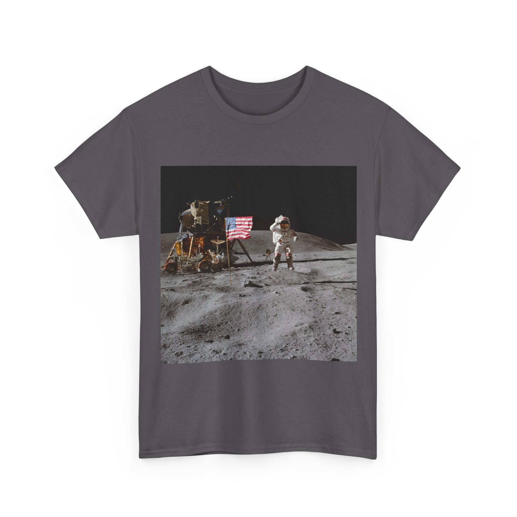 Moon Landing Graphic Tee — Astronaut Flag Photo T-Shirt
