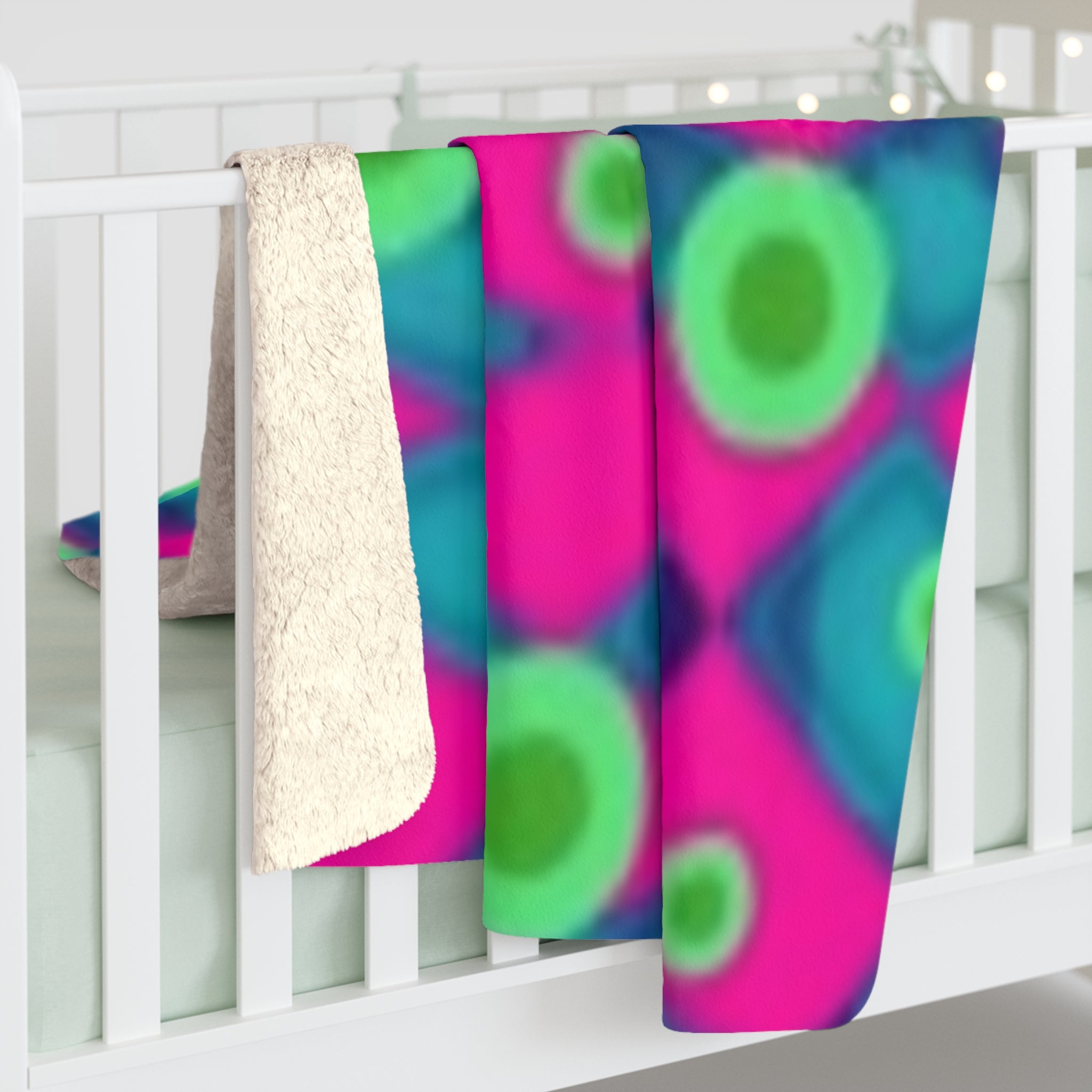 Vibrant Neon Abstract Sherpa Blanket — Plush Fleece Throw with Pink, Teal & Lime Pattern