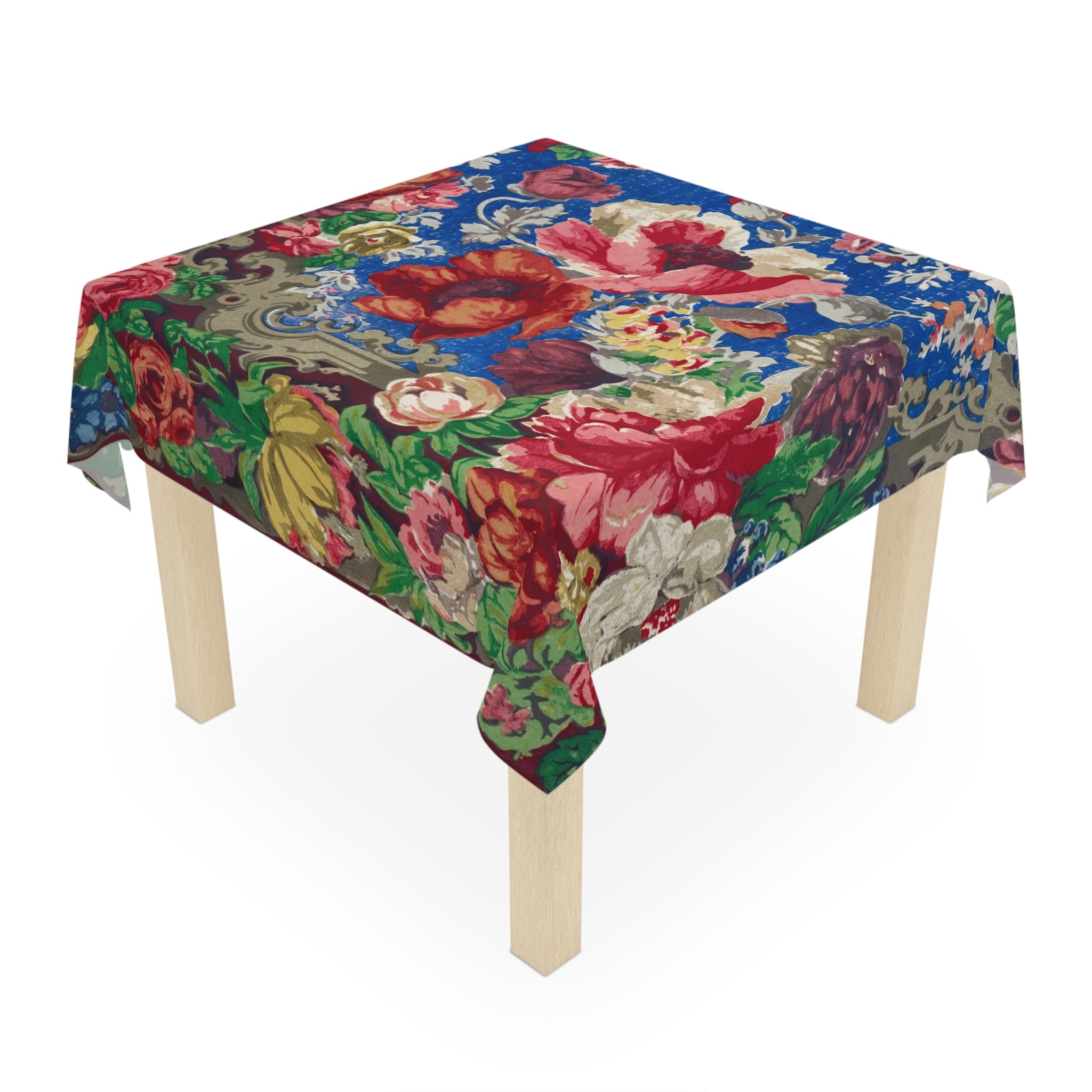 Floral Vintage Tablecloth — Bold Blue Rose Pattern for Dining & Entertaining