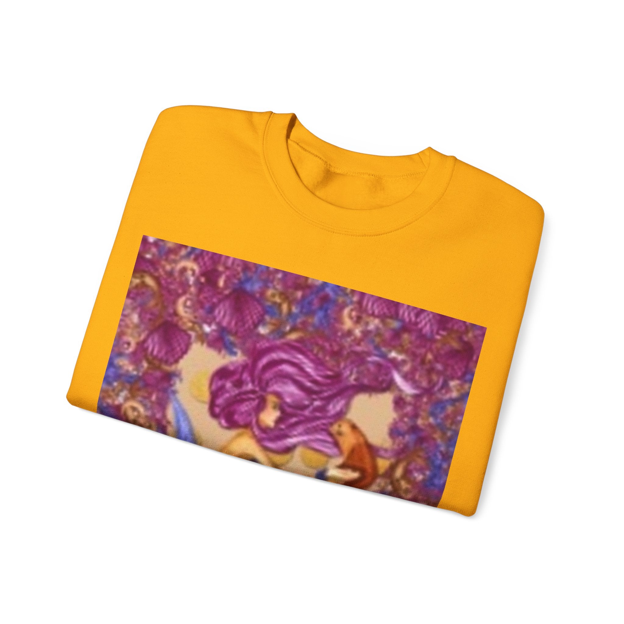 Mermaid & Fox Art Crewneck Sweatshirt — Whimsical Purple Mermaid Illustration