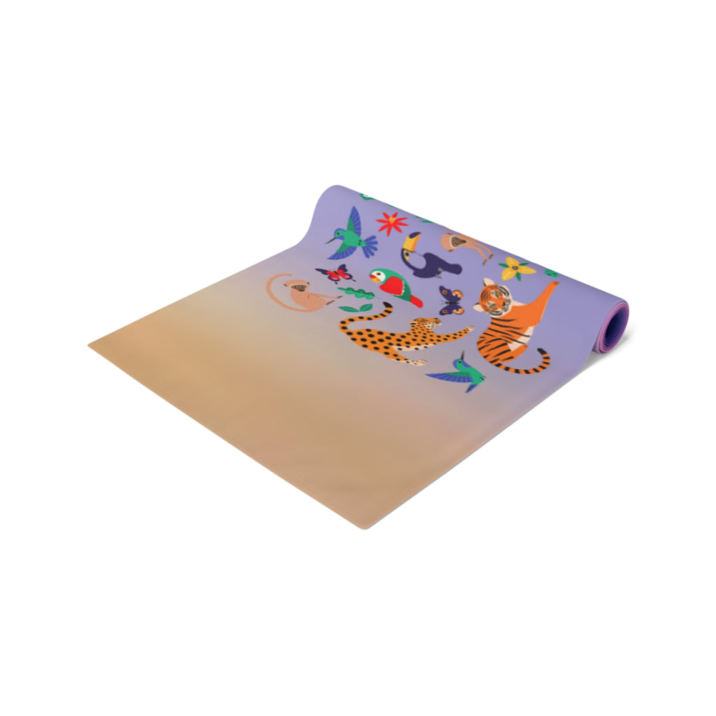 Tropical Jungle Table Runner — Gradient Purple with Tigers & Parrots