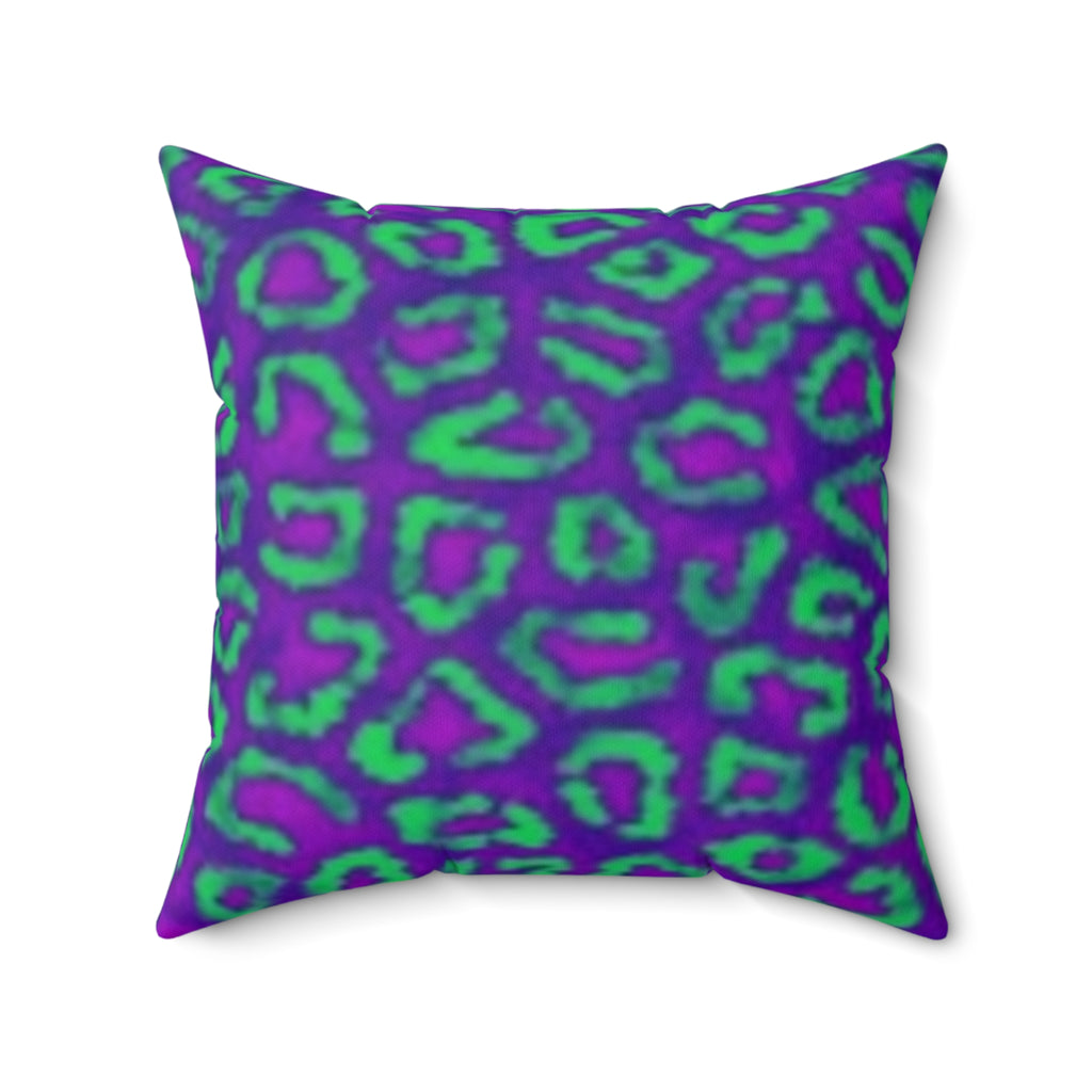 Decorative Square Pillow — Floral Outline & Vibrant Leopard Purple Green Patterns