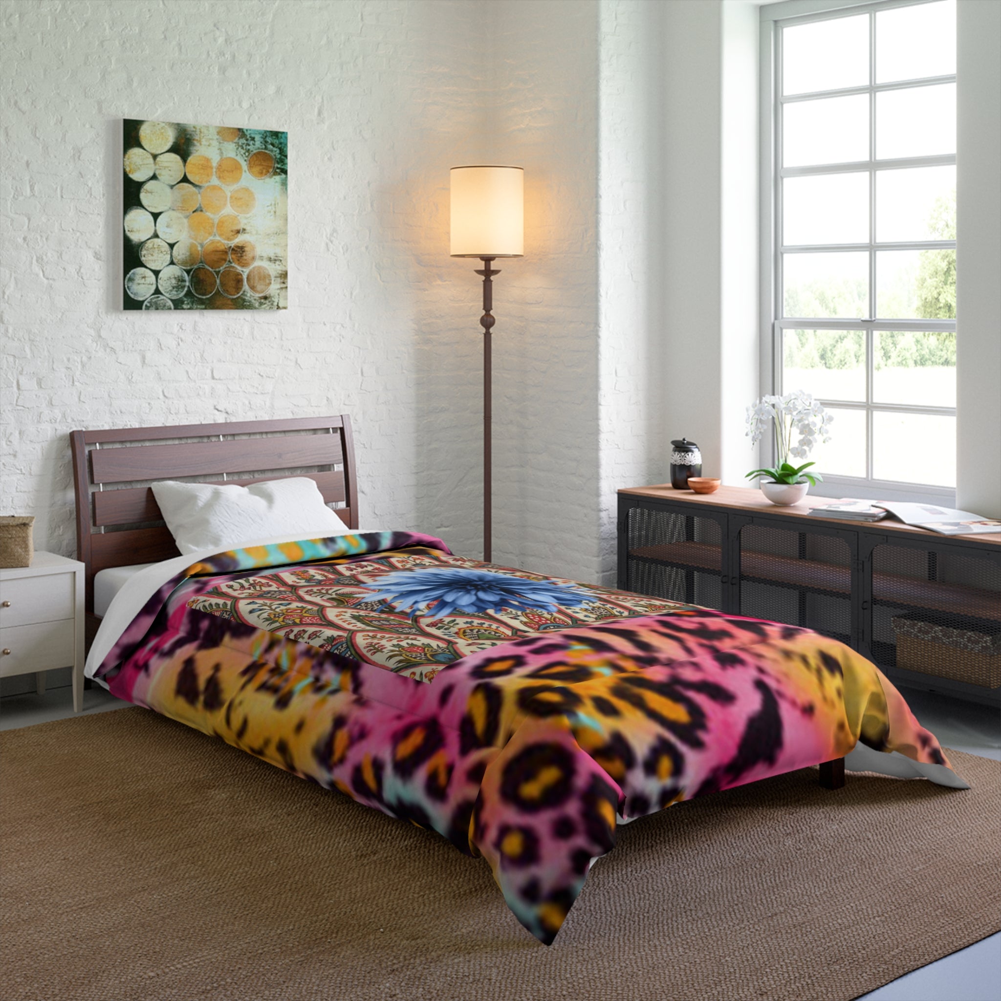Boho Leopard Floral Comforter — Vibrant Blue Bloom Patterned Bedding