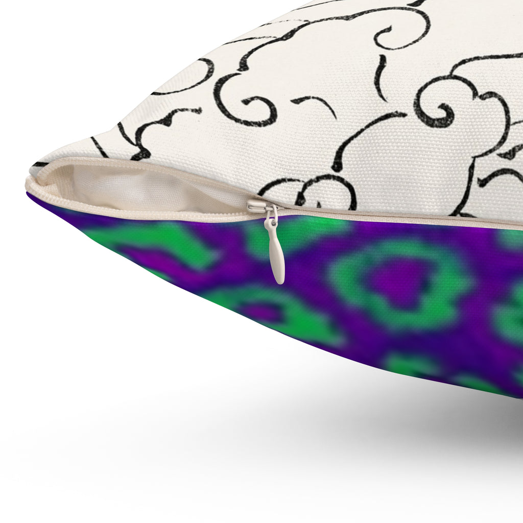 Decorative Square Pillow — Floral Outline & Vibrant Leopard Purple Green Patterns