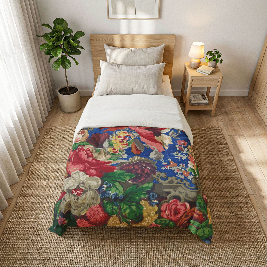 Vintage Floral Cotton Comforter - Bold Rose Bouquet Blue Bedspread